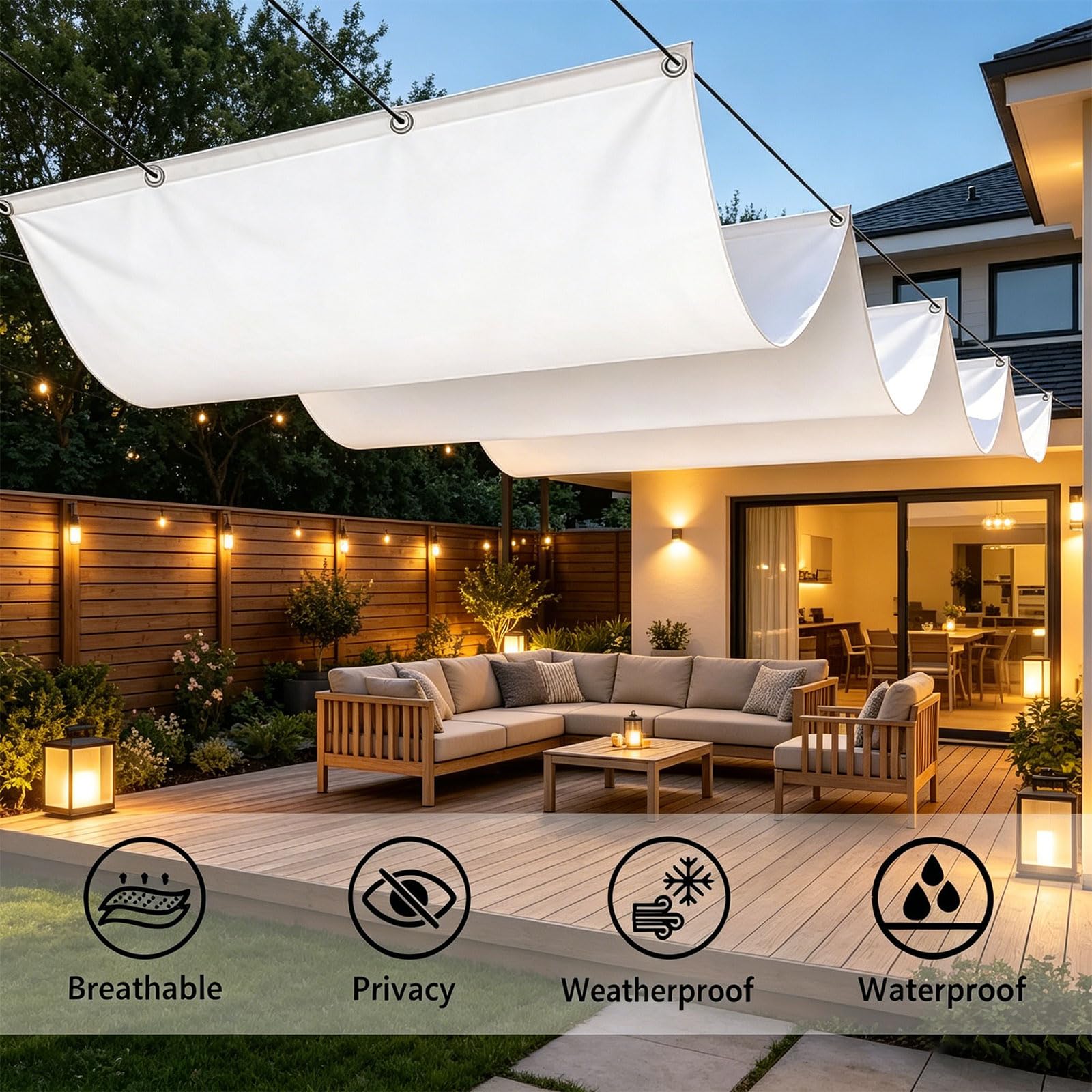 Ausziehbares Wellen-Sonnensegel 130 x 700 cm Wasserdicht UV Schutz Rechteckig Verstellbar Schattenabdeckung Welle mit Ösen Und Seil Nach Maß für Garten Terrasse Balkon, Weiß