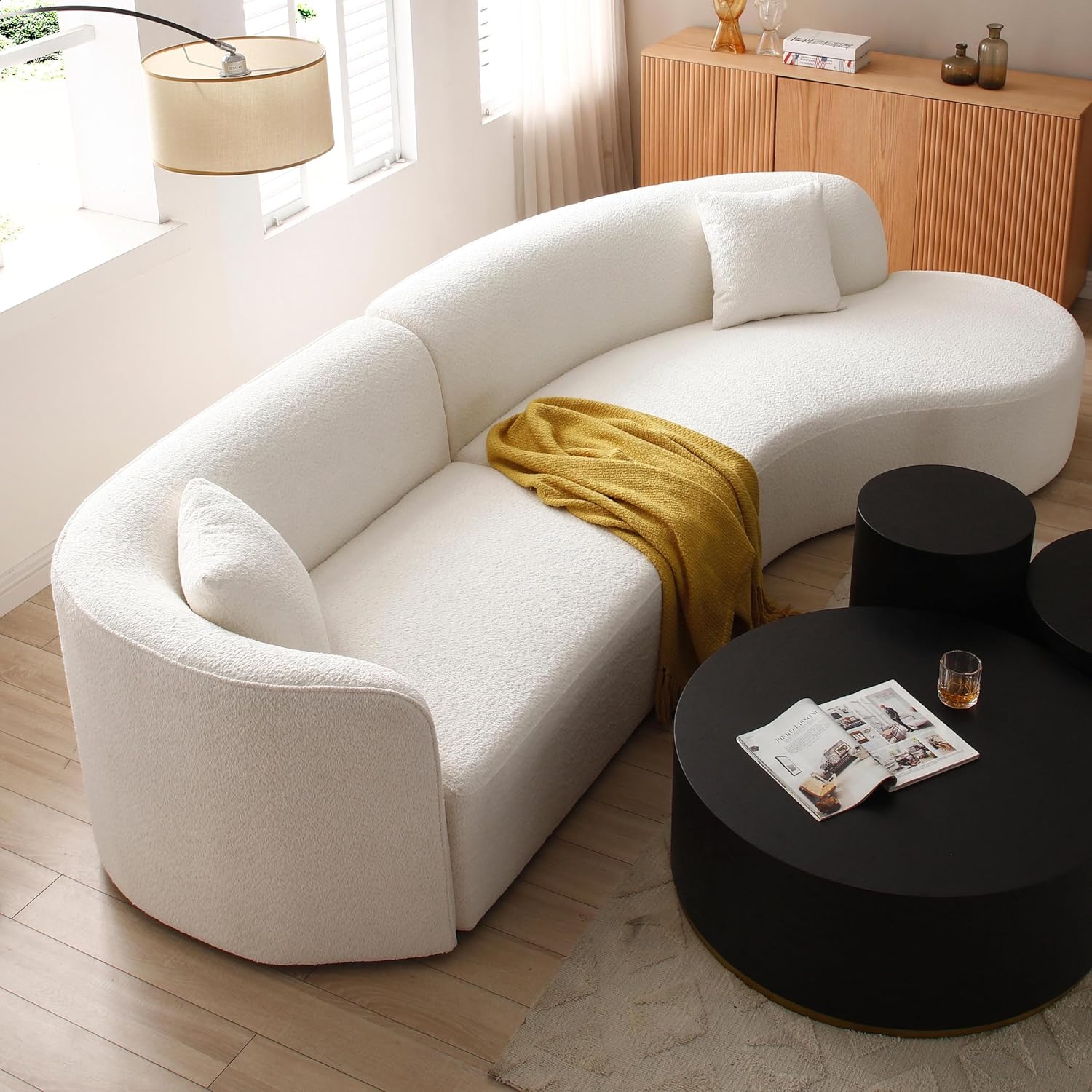 126-inch Modern Curved Chaise Sofa Set for Living Room, Deep seat,Contemporary Design,Upholstery White Boucle Fabric,semicircular sectional Couch (Left arm Facing)