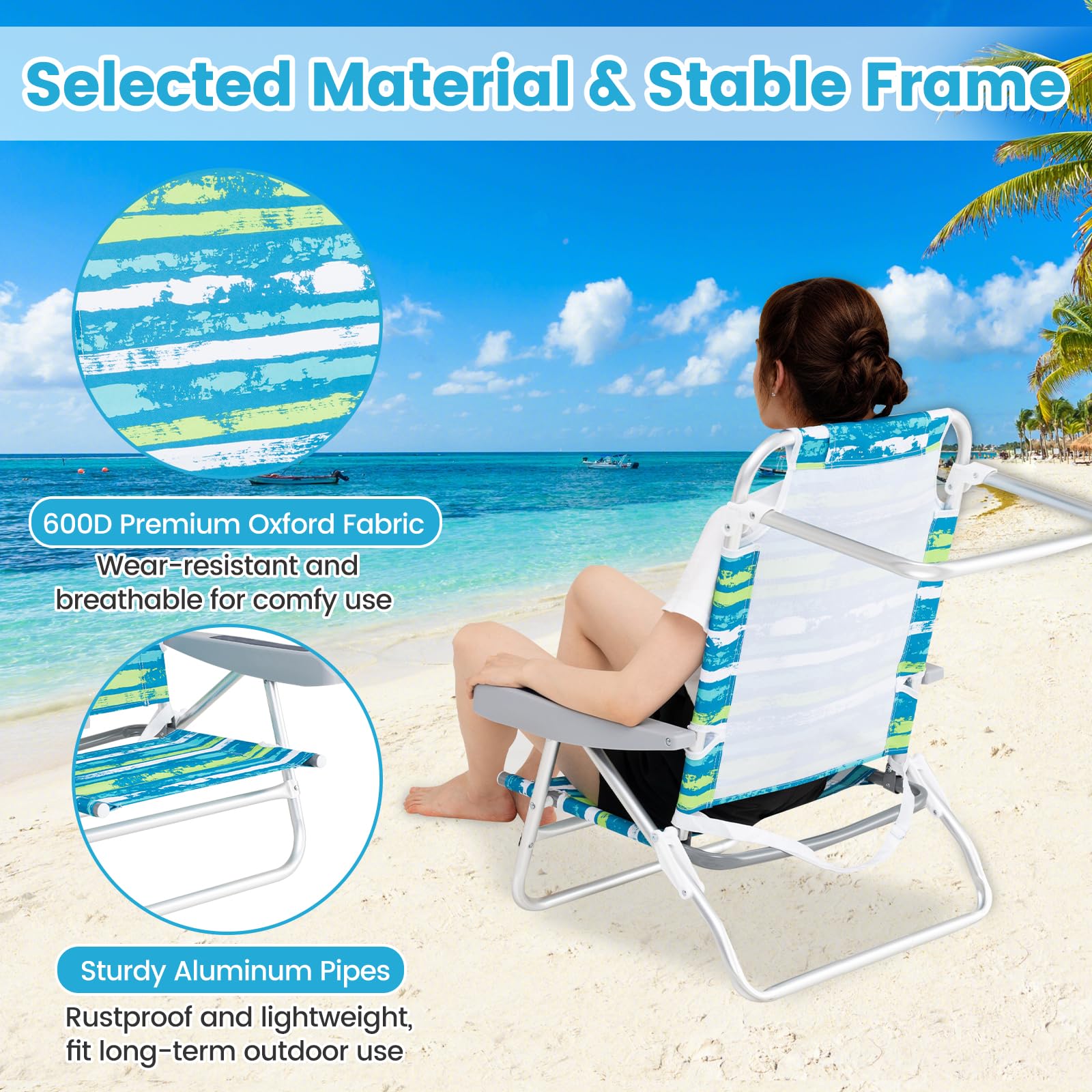 GIANTEX Sedia pieghevole da spiaggia e campeggio, schienale regolabile 4 posizioni, portasciugamani e cuscino, 2 in 1, fino a 150 kg (62 x 54 x 80 cm, strisce verdi)