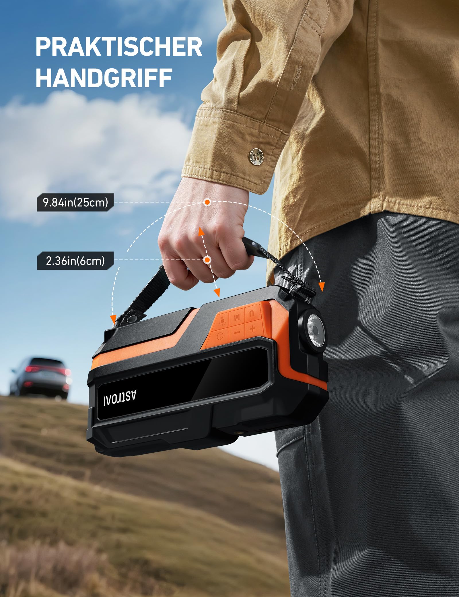 AstroAI Auto Starthilfe Powerbank für pkw mit 150PSI Kompressor, 8000A Starter Powerbank für 10 L Benzin / 8 L Diesel,für 12 V Autos, Motorräder, SUVs, Booster Auto Starthilfe mit LED-Display, Orange