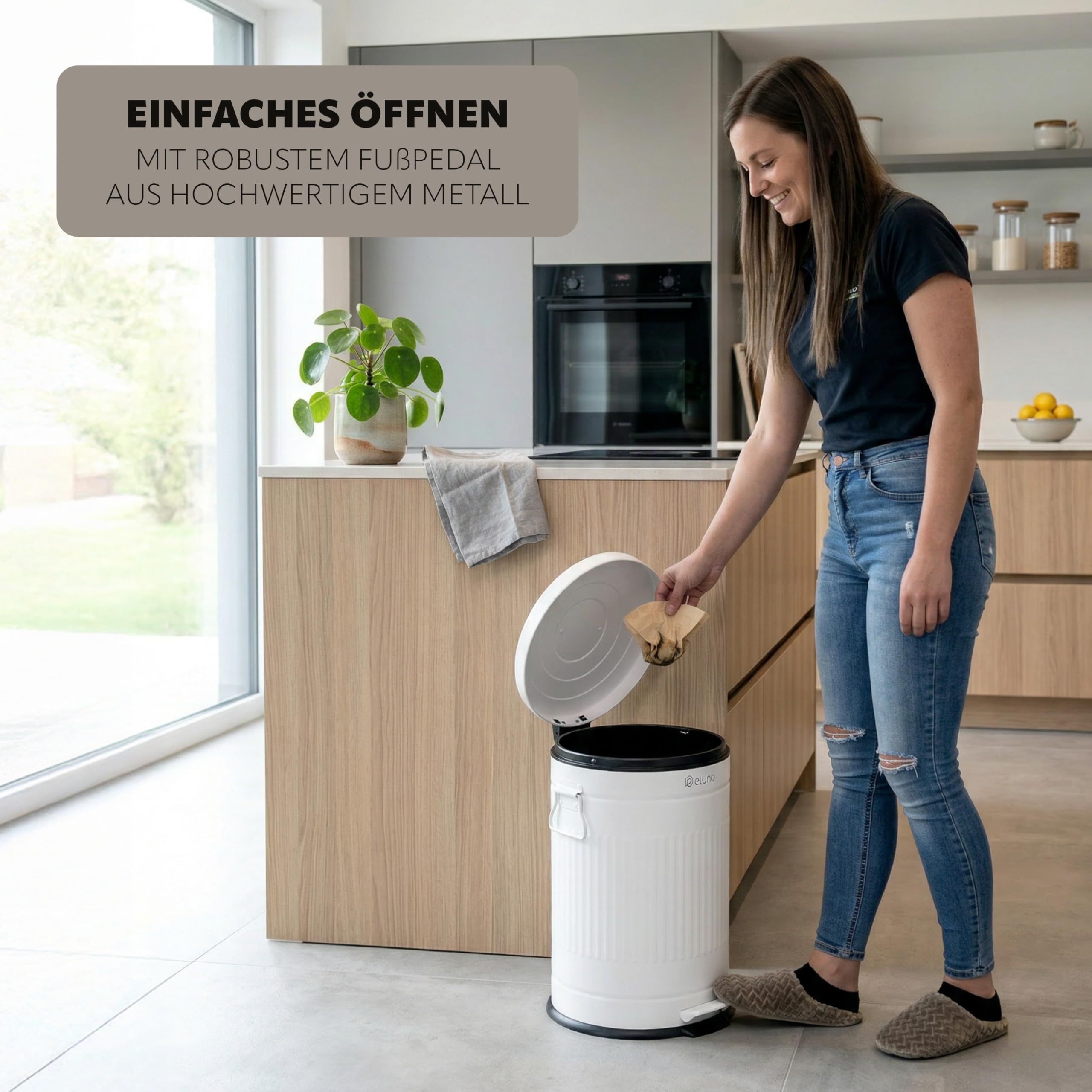 eluno Abfalleimer Vintage, Treteimer, Küchenmülleimer, 20 Liter Fassungsvermögen, mit herausnehmbaren Kunststoffinneneimer (Weiß)