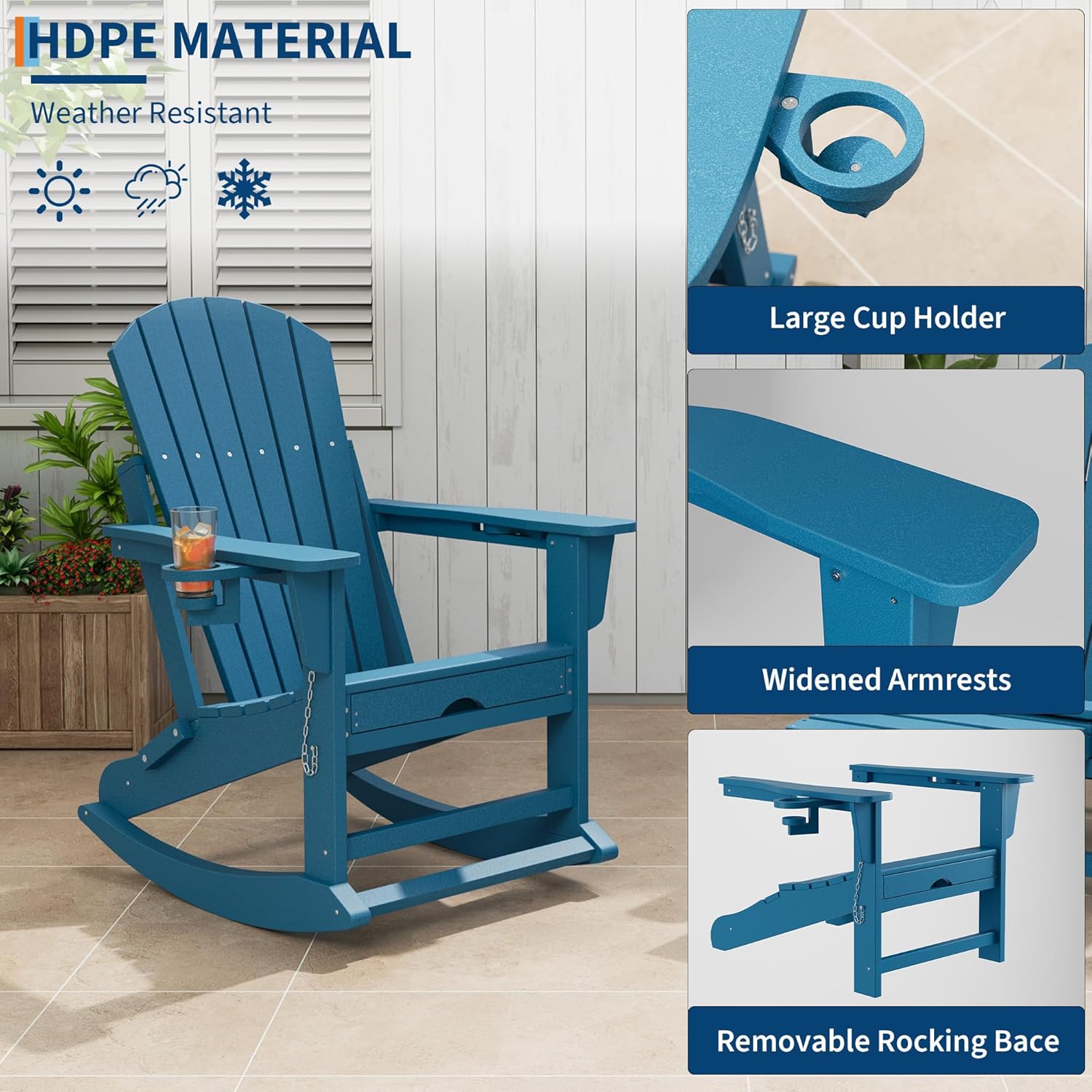 Rocking Adirondack Chairs, Folding Adirondack Rocking Chair With Footrest, Adirondack RockingChair Outdoor With Retractable Ottoman and Cup Holder