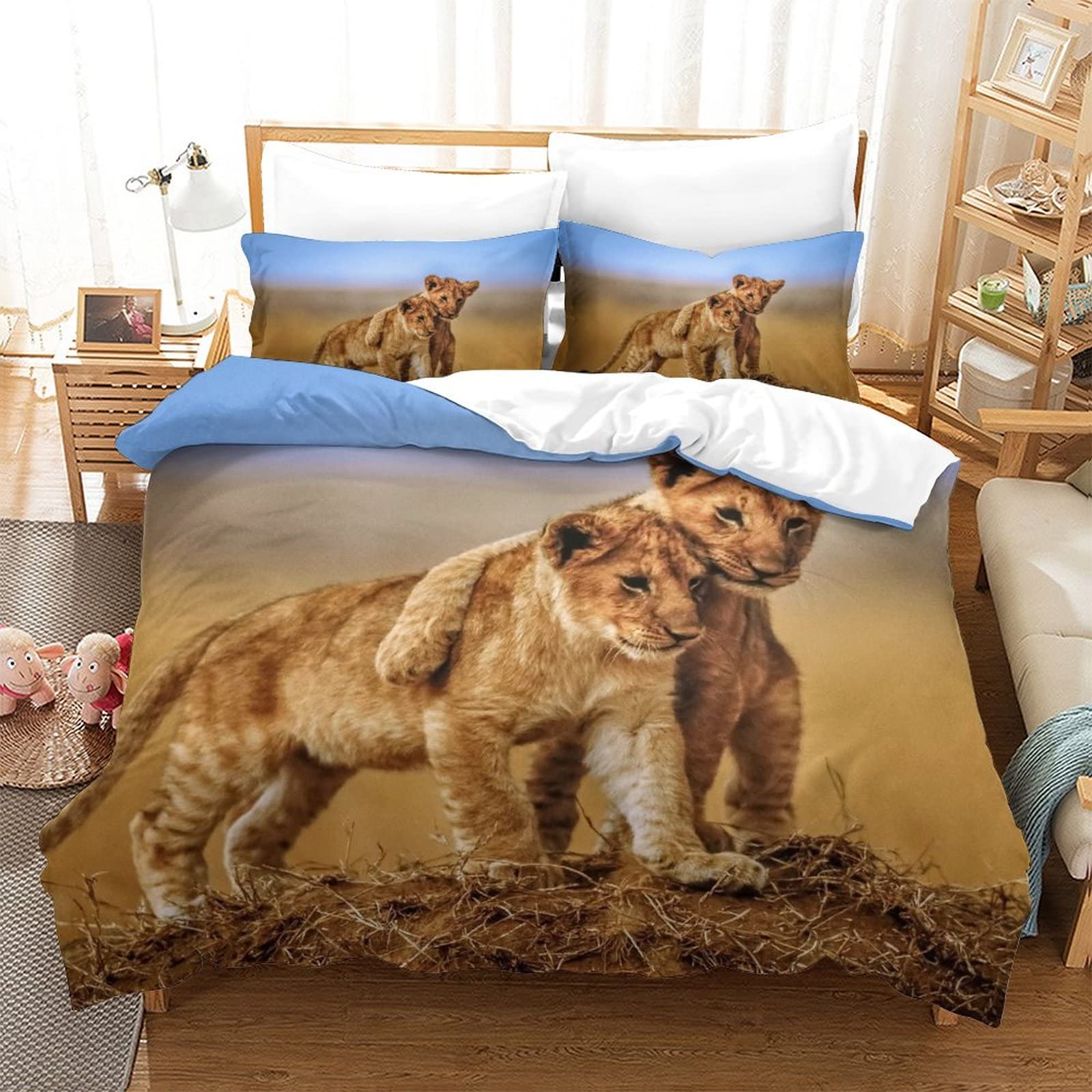 Housse de couette lion 200x200 parure de lit 3 pièces microfibre drap ado