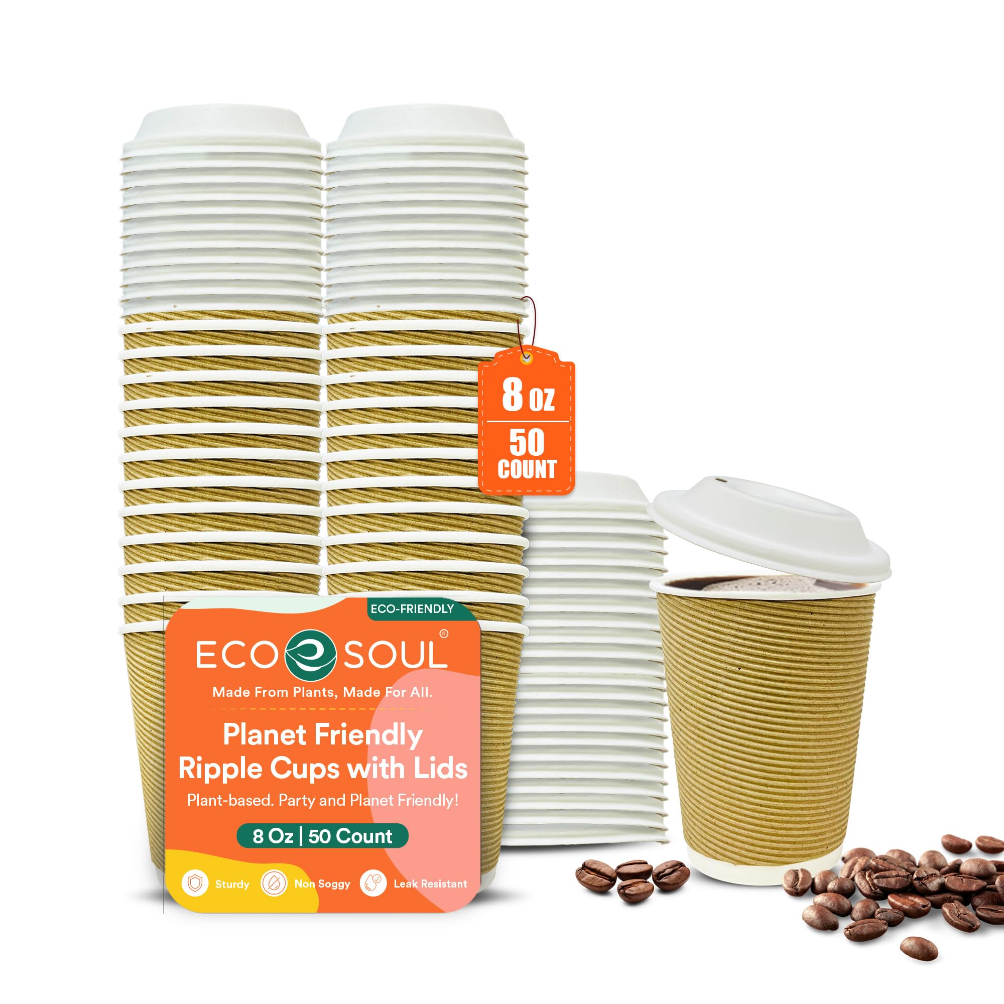 ECO SOUL 8oz Compostable Ripple Cups (50 Pack) – Biodegradable Paper Cups, Non-Toxic Disposable Cups for Hot Drinks, to-Go Coffee Cups, Eco-Friendly & Ripple Paper Cups