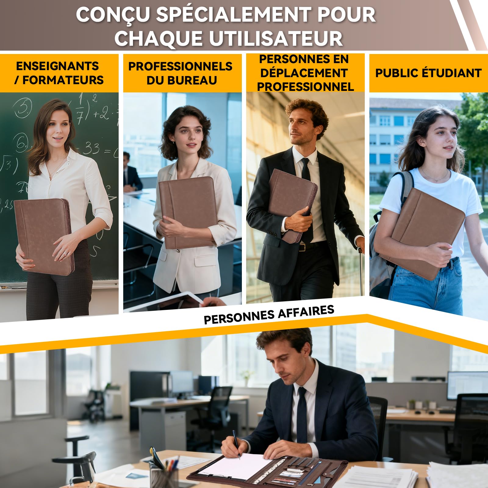 Leathario Porte Document A4 en Simili Cuir, avec Papiers Écrit, Porte Bloc-notes pour Record de Réunion, Portefeuille A4 Zippée et Conférencier, Légère