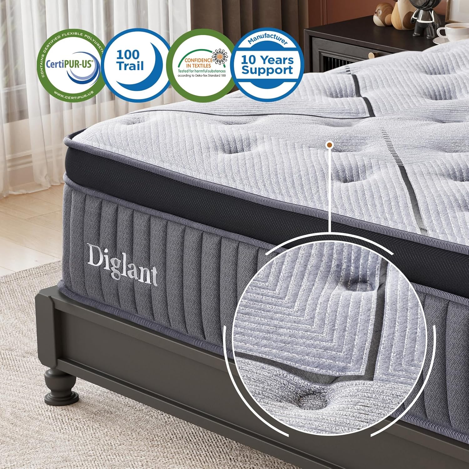 DIGLANT Calking Mattress, 14Inch Cooling Gel Memory Hybrid Medium Mattress, Calking Size Individual Pocket Spring Mattress in Box, None of Fiberglass