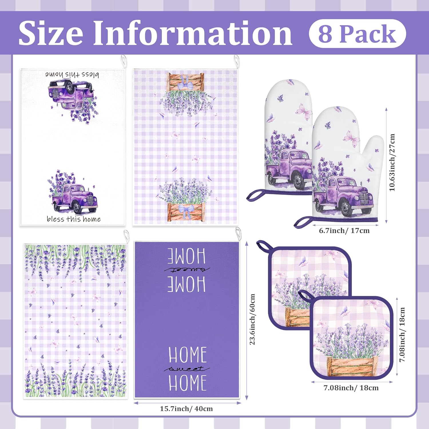 8 Pcs Lavender Spring Kitchen Towels Pot Holders and Oven Mitt Set Kitchen Accessories 4 Dish Towels 2 Absorbent Square Potholders 2 Heat Resistant Glove for Cooking Baking Home Gifting