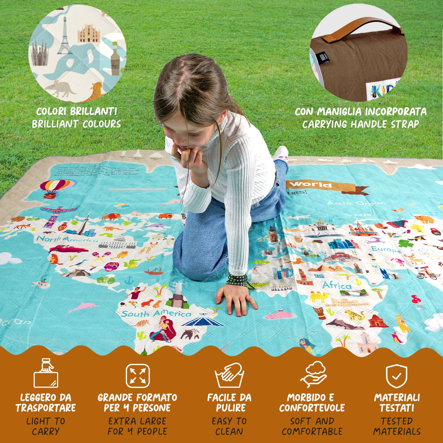 PERLETTI Coperta Pic Nic Impermeabile Bambini 200x200 cm Telo Picnic Grande da Campeggio Spiaggia Pieghevole