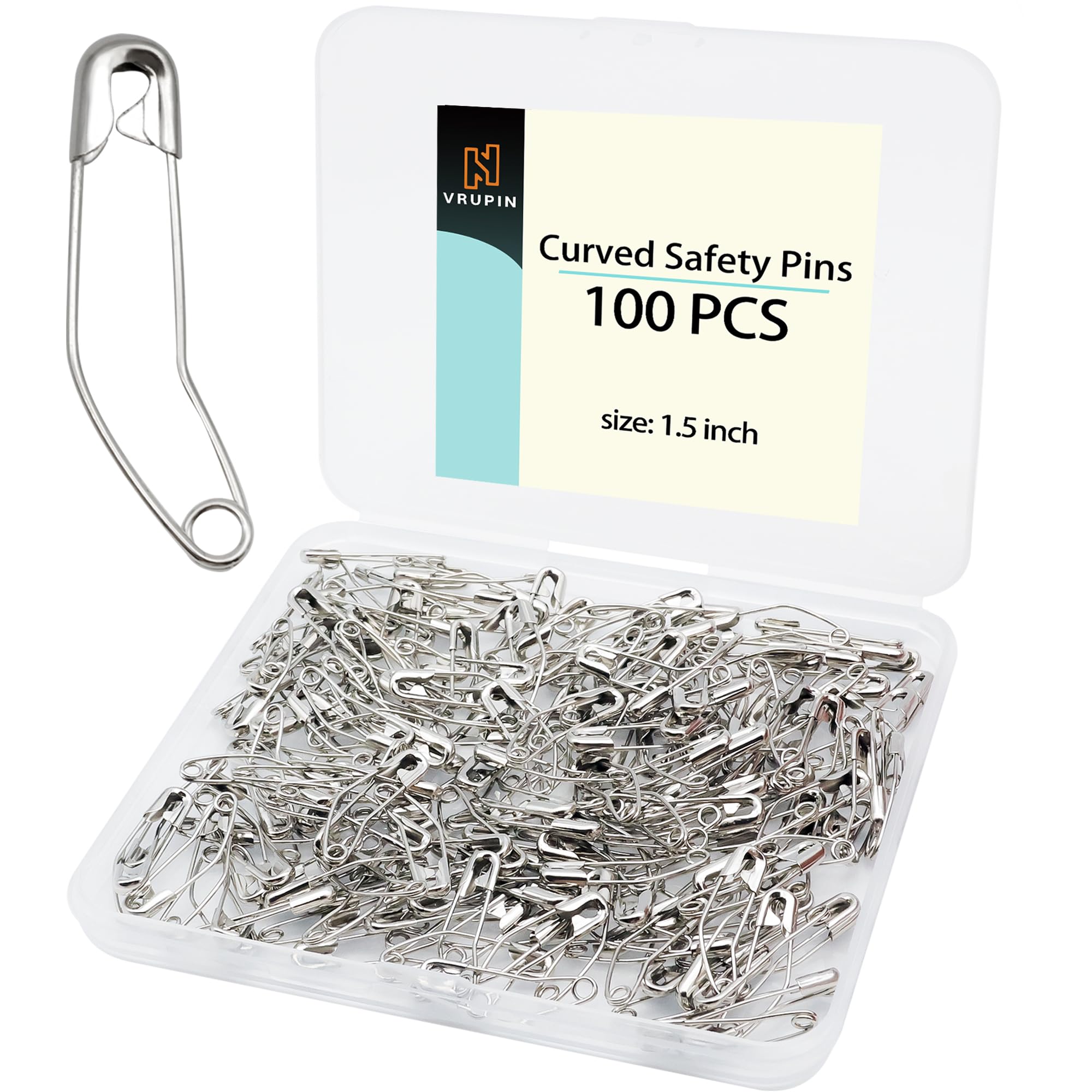 vrupin 100 pines de seguridad curvados de acero inoxidable para acolchado, alfileres de seguridad a granel de metal plateado para coser ropa, pinzas de seguridad decorativas (1.5 pulgadas)