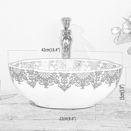 Miniatura 7 de Jingdezhen - Fregaderos de baño de oro blanco de 16 pulgadas de ancho, cuenco redondo de cerámica tallada a mano, 1 fregadero solamente