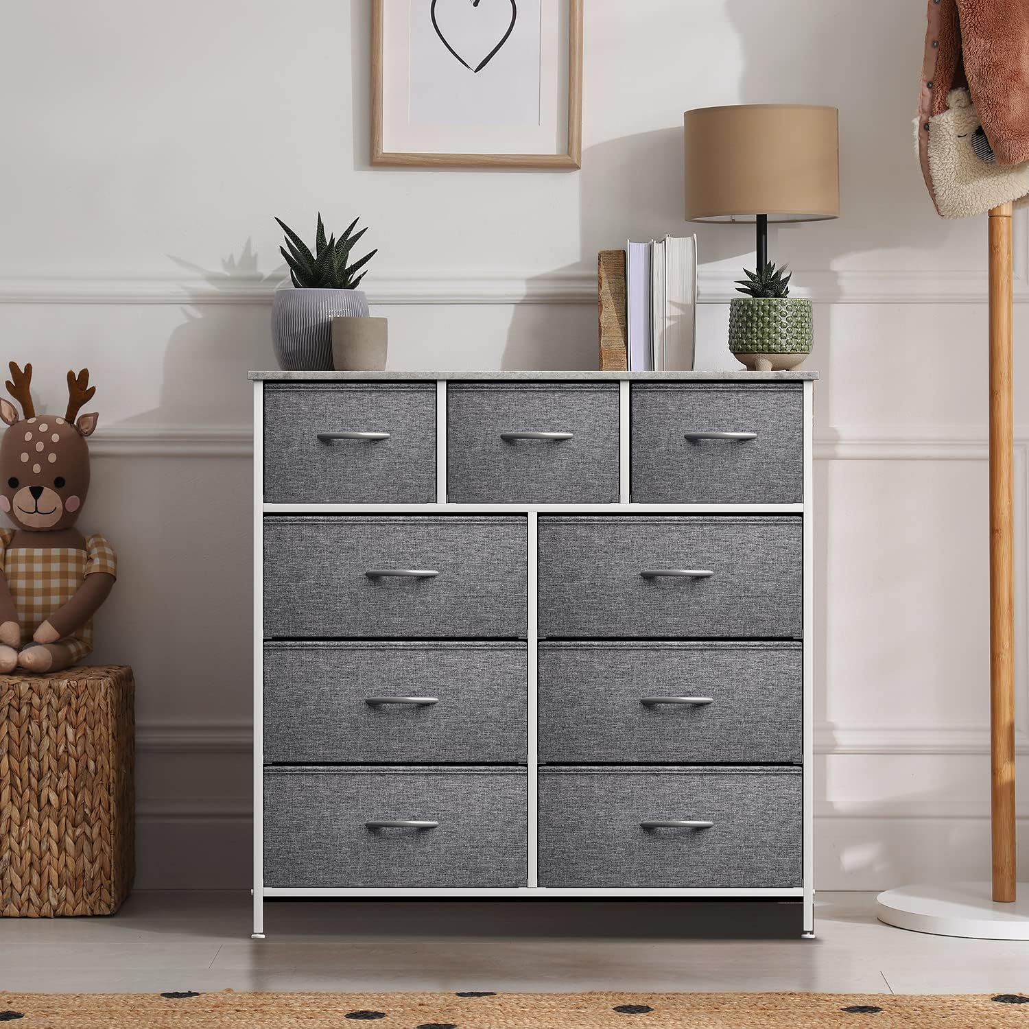 Sorbus Dresser with 9 Drawers - Furniture Storage Chest Tower Unit for Bedroom, Hallway, Closet, Office Organization - Steel Frame, Wood Top, Easy Pull Fabric Bins (Grey)