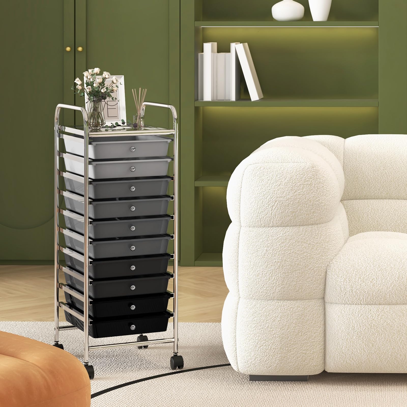 HOMGX 10-Drawer Rolling Storage Cart - Multicolor Mobile Organizer For Office, School, Home, Or Craft Room