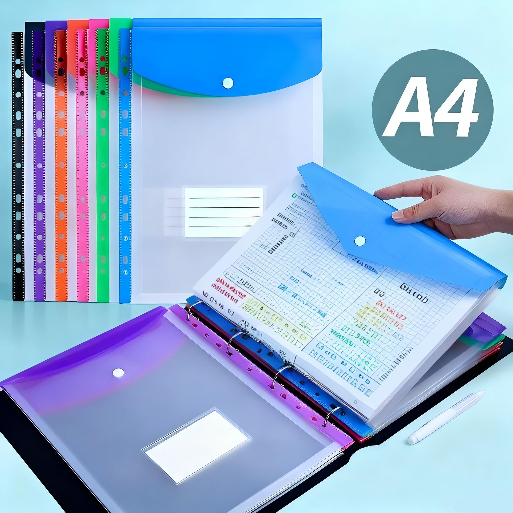 Plastic Wallets A4 Folders 12-Pack: Vertical Punched Pockets Document File Storage with Button Closure - Clear Expandable Envelope Style for Ring Binder Office School Home Business Travel Storage - Image 2