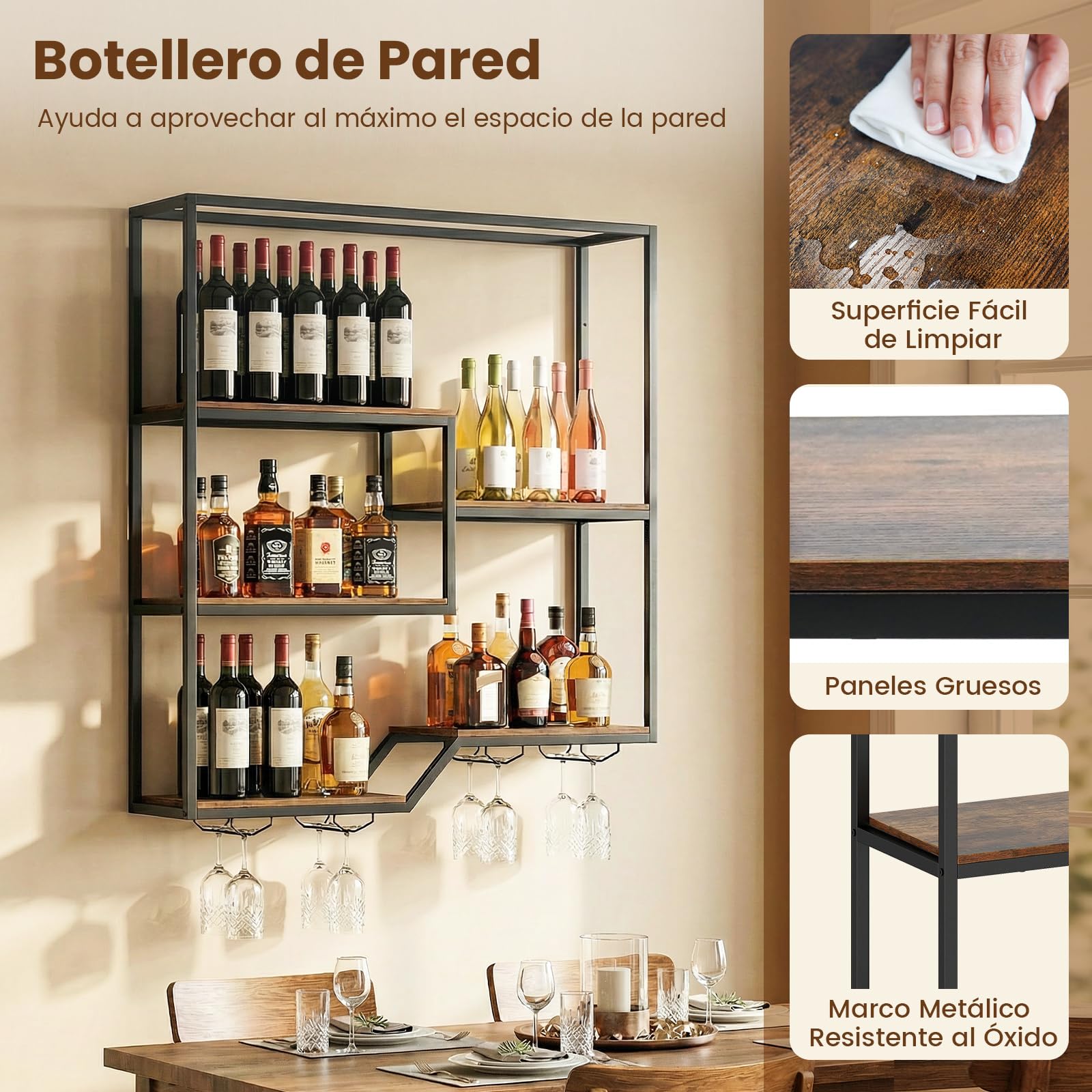 COSTWAY 102 cm Estante de Pared para Vinos, Botellero Colgante de 6 Niveles con Estante para Botellas y Soporte para Copas, Estructura Metálica, Soporte Flotante para Exhibición de Vino, Bar, Comedor