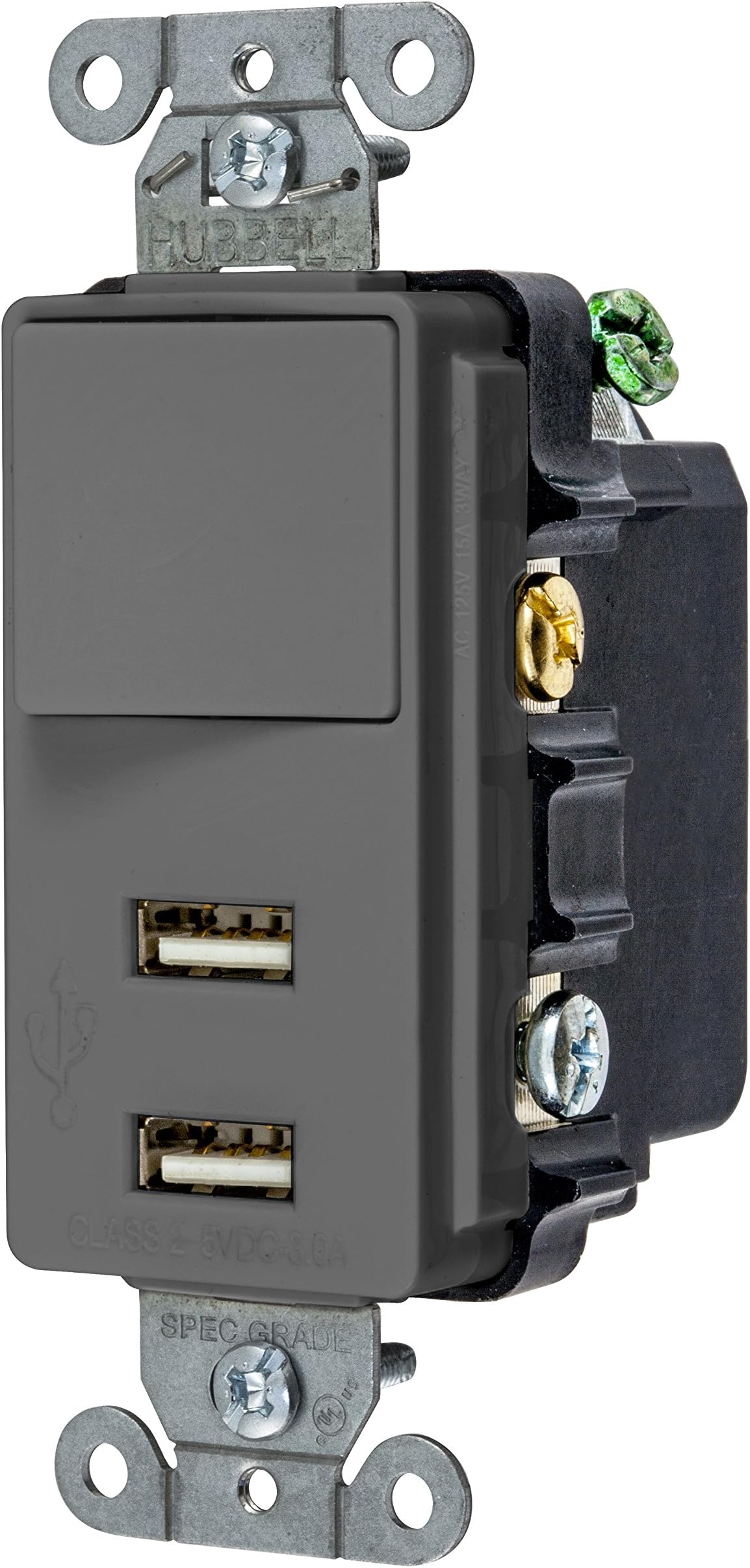 Bryant Electric USBB102GY 15 Amp 125V Decorator USB Switch Combination Charger, Gray