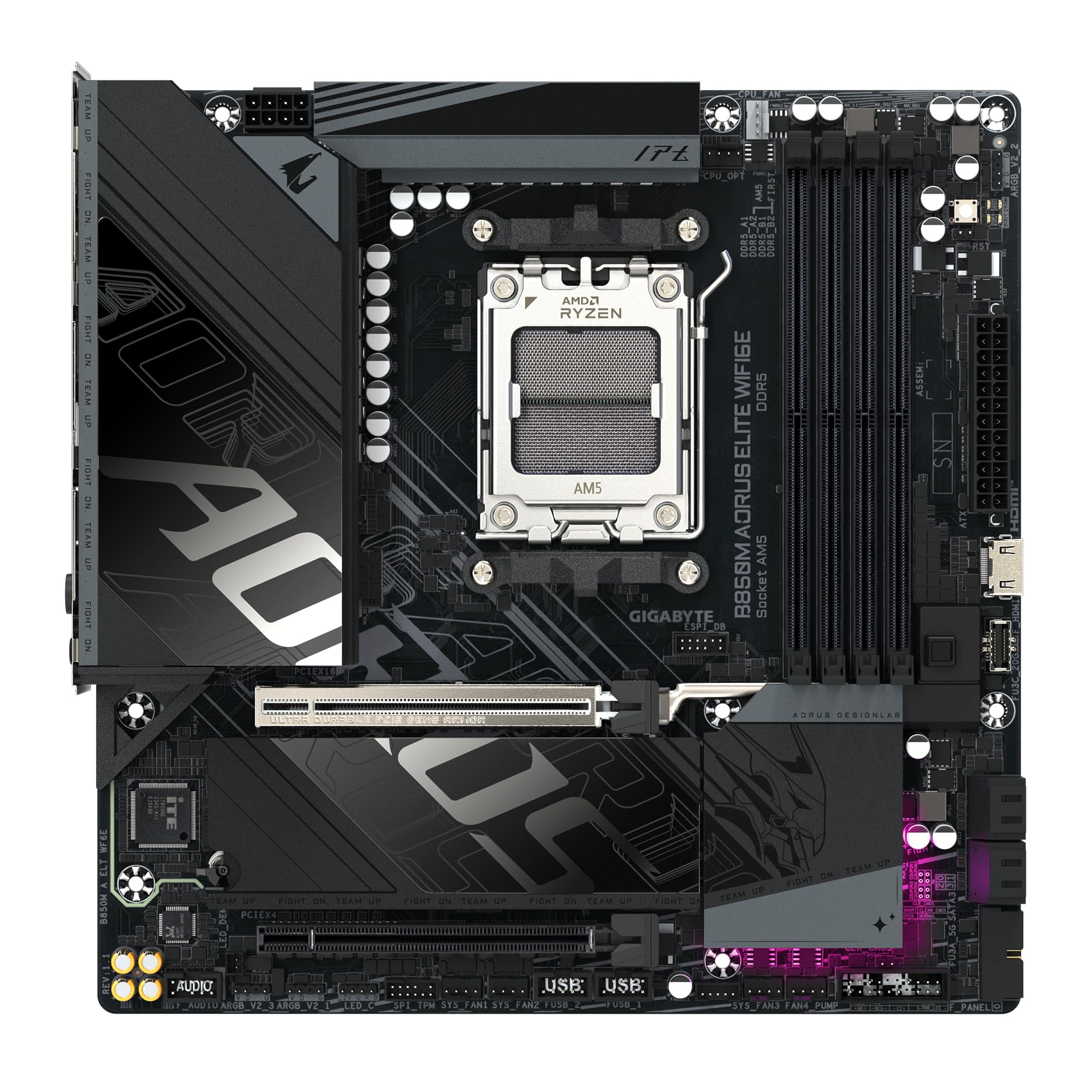 GIGABYTE B850M AORUS Elite WIFI6E Carte mère - Processeurs AMD Ryzen série 9000, VRM numérique 12+2+2 Phases, jusqu'à 8200 MHz DDR5 (O.C.), 1x M.2 PCIe 5.0 + 1x M.2 PCIe 4.0, Wi-FI 6E, LAN 2.5 GbE