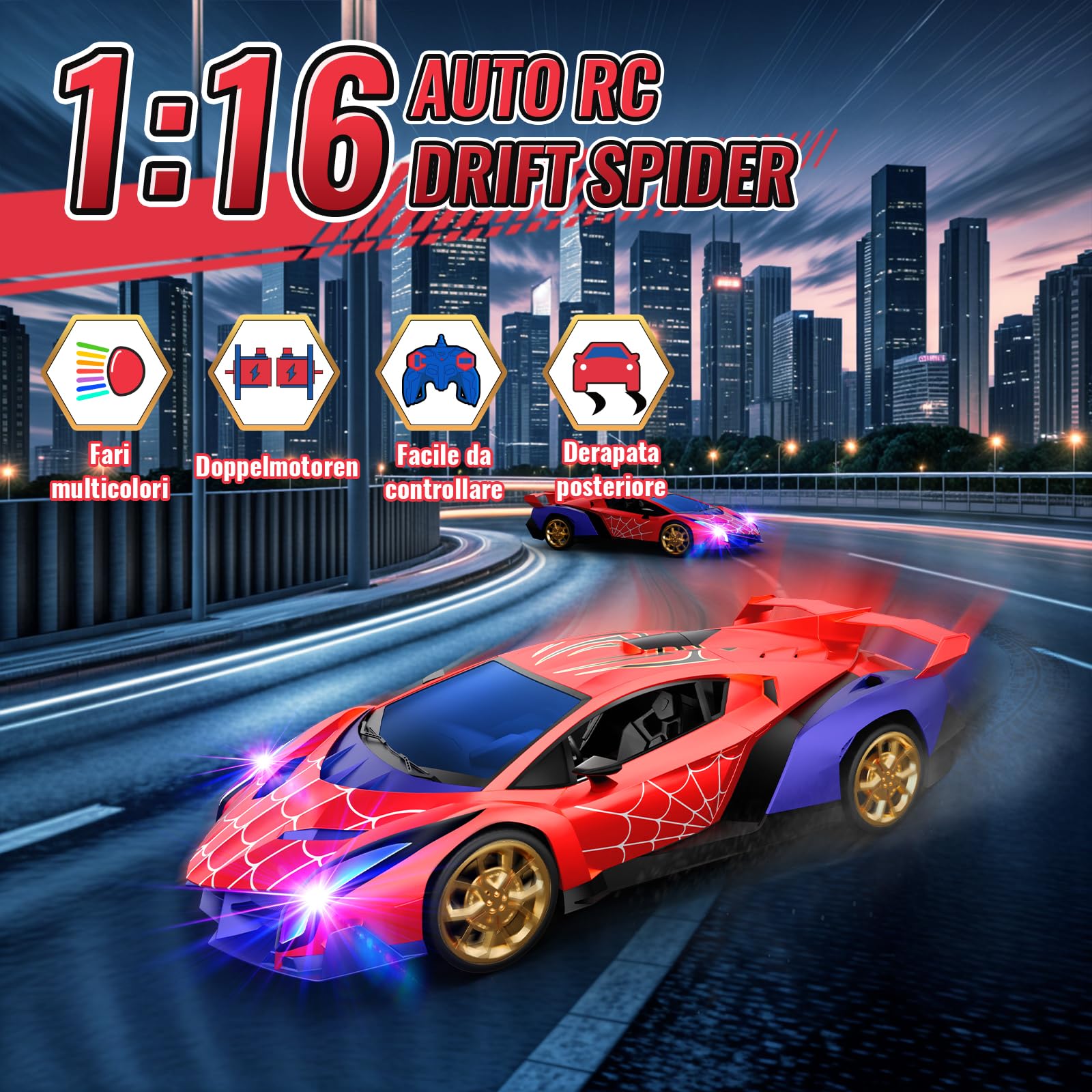 Macchina Telecomandata 1:16 con Luci Colorate, 2.4GHz Drift Macchinina Radiocomandata con 2 Batterie Ricaricabili, Giocattolo Gioco Bambino 3-12 Anni, Giochi Regalo Bambini 3 4 5 6 7 8 9 Anni Maschio