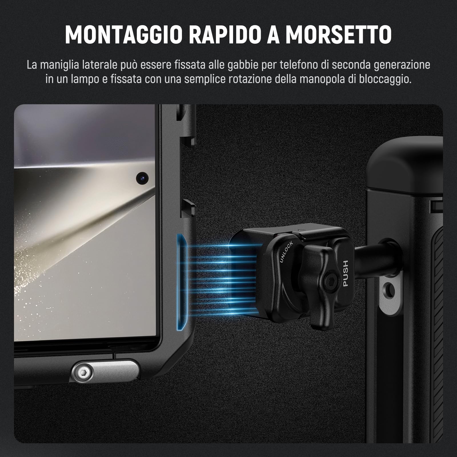 NEEWER Maniglia Laterale a Sgancio Rapido per Gabbia Telefono PA073 PA074 per iPhone 16 Pro/16 Pro Max, PA042 per Samsung S24 Ultra, con Cold Shoe Coperta, Perno Anti Caduta, Blocco Nero, PA045B