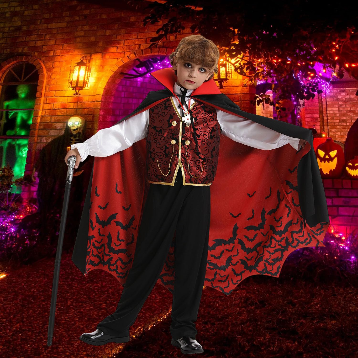 Disfraz de vampiro para niños, disfraz gótico de Halloween con accesorios de lujo, bastón que brilla en la oscuridad, dientes CA002XS