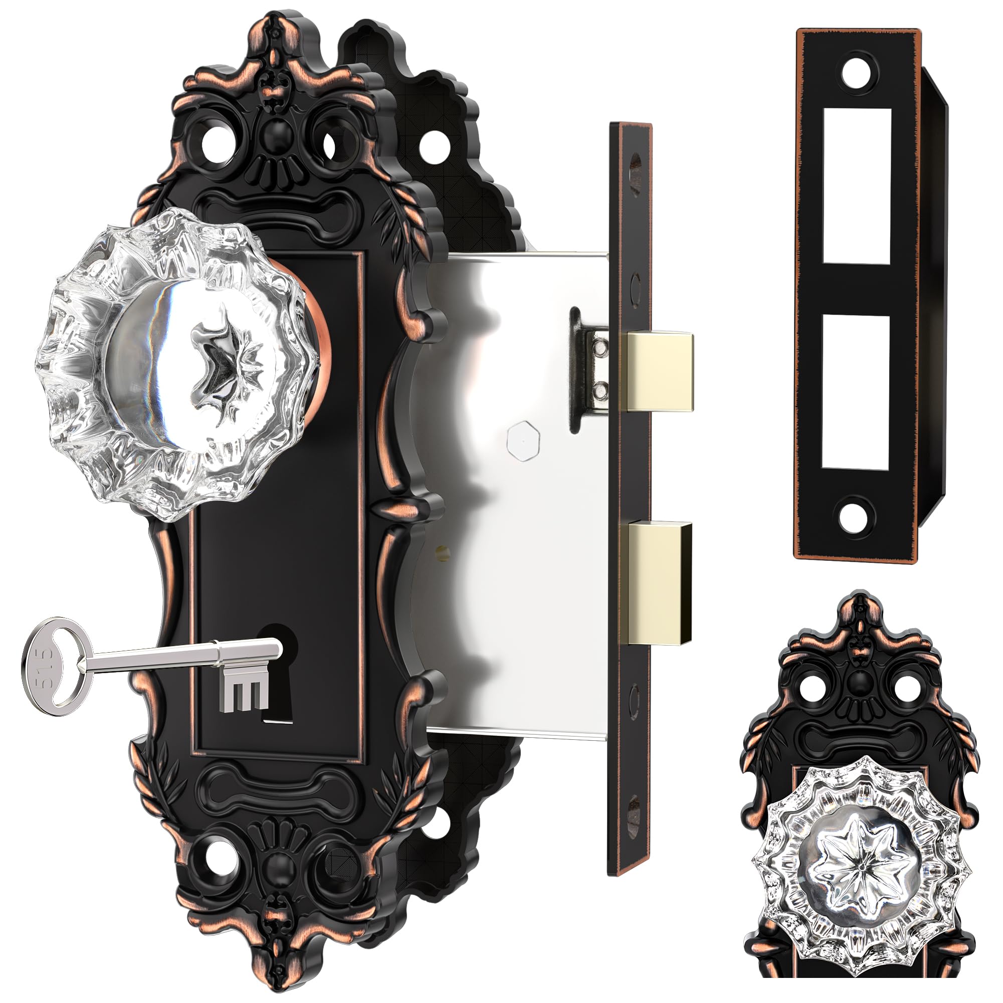 CEYMIO Antique Door Knobs Interior Mortise Lock Oil Rubbed Bronze Door Knob Crystal Glass Door Handle Vintage Skeleton Key Door Locks for Bedrooms Bathroom