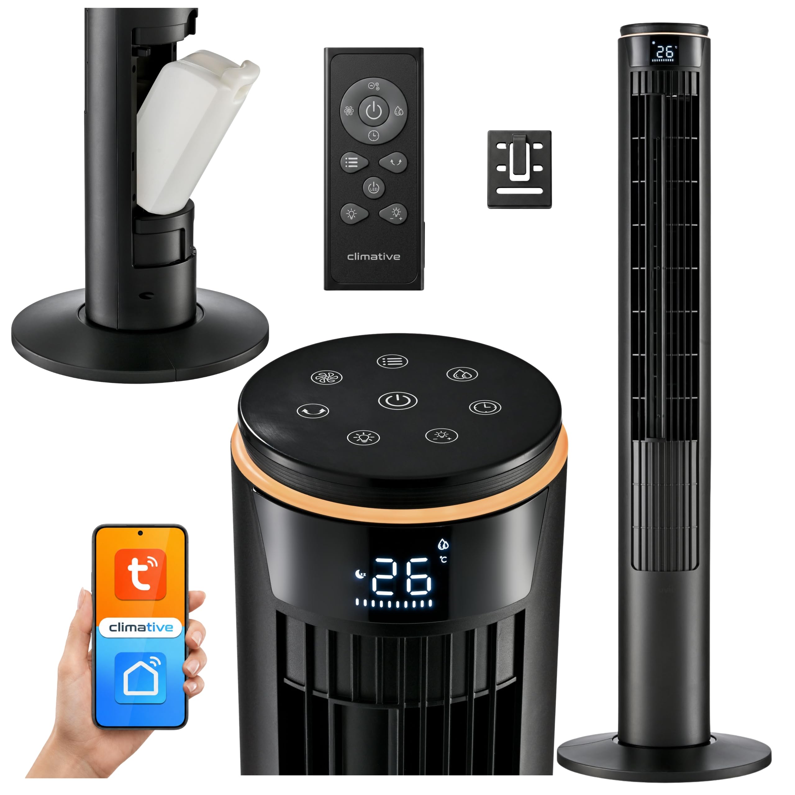 Turmventilator 107cm WiFi App, Luftkühler, Ventilator mit Sprühnebel, DC-Motor, 7,5 m/s Wind,Ionisator, Nachtlicht, Oszillation, Standventilator sehr leise, Tower Fan