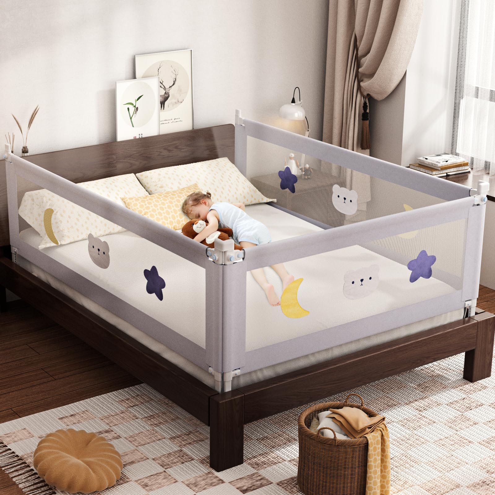 omzer 3-Piece Bed Rails for Queen Bed - Height Adjustable Bed Rail for Toddlers with Double Child Lock, Bed Rail for Baby Kids with Pattern, Infants Toddler Bed Gate for Queen Size Bed, 78.7x78.7x59โ