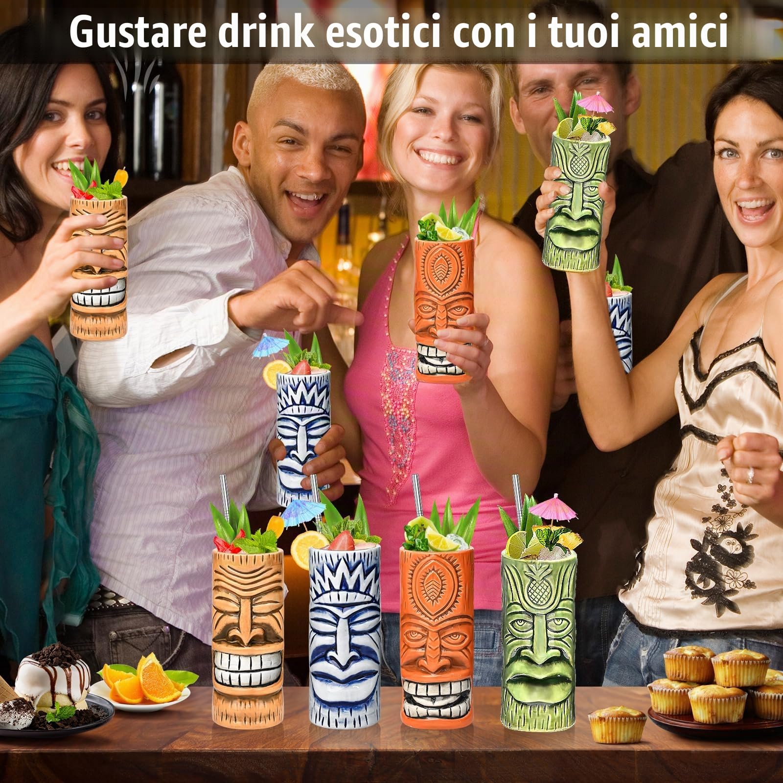 Tiki - Set di 4 tazze da cocktail in ceramica Tiki, bicchieri da cocktail unici, tazza hawaiana professionale da bar e bicchieri per feste di Natale di Halloween