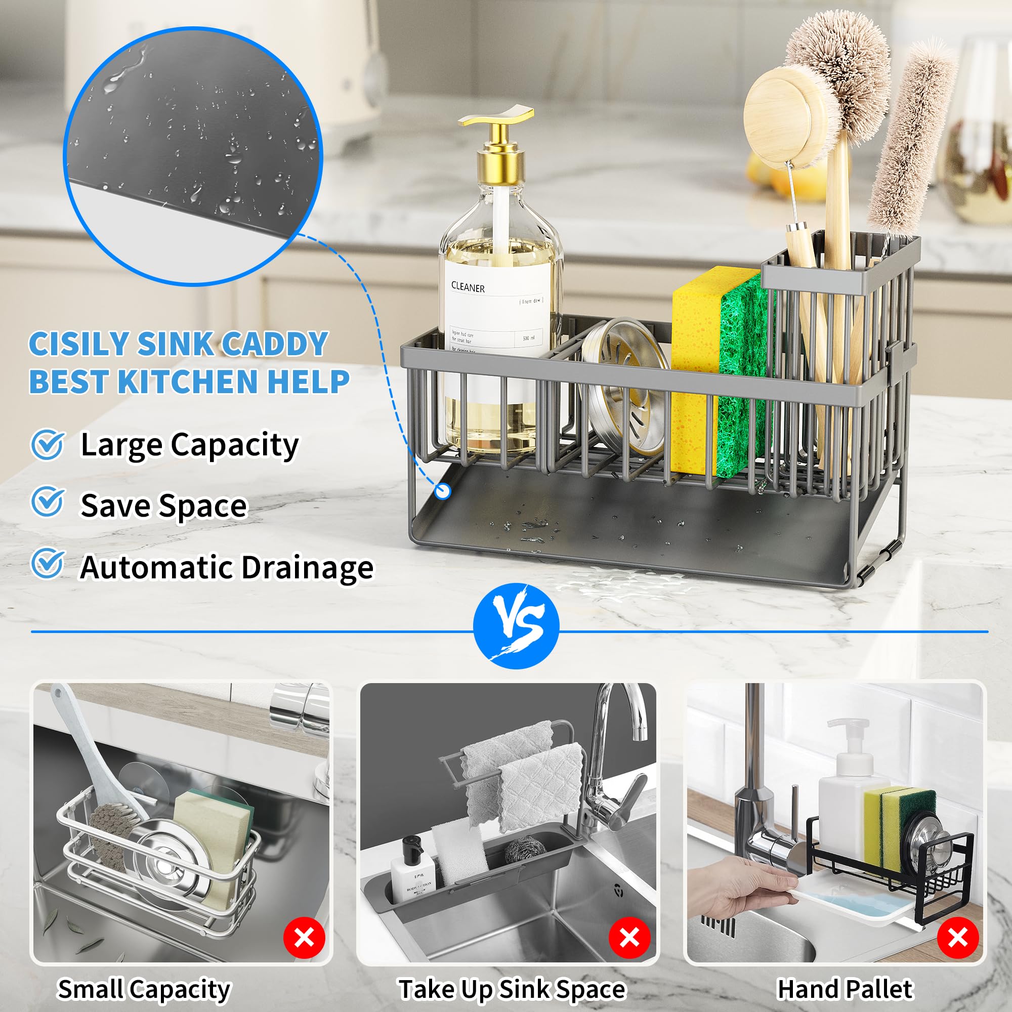 Cisily - Escurridor para fregadero con soporte alto para cepillos, portaesponjas, acero inoxidable 304 antióxido, con dispensador de jabón, decoración y accesorios de cocina en gris oscuro