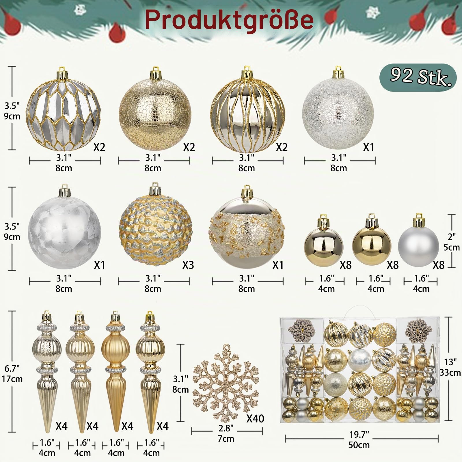 Weihnachtskugeln Set 92-teilig – Bruchsichere Christbaumkugeln Ornamente in Champagne & Silber – Weihnachtsbaumkugeln Weihnachtsdeko für Tannenbaum, Kranz Weihnachtsdekoration