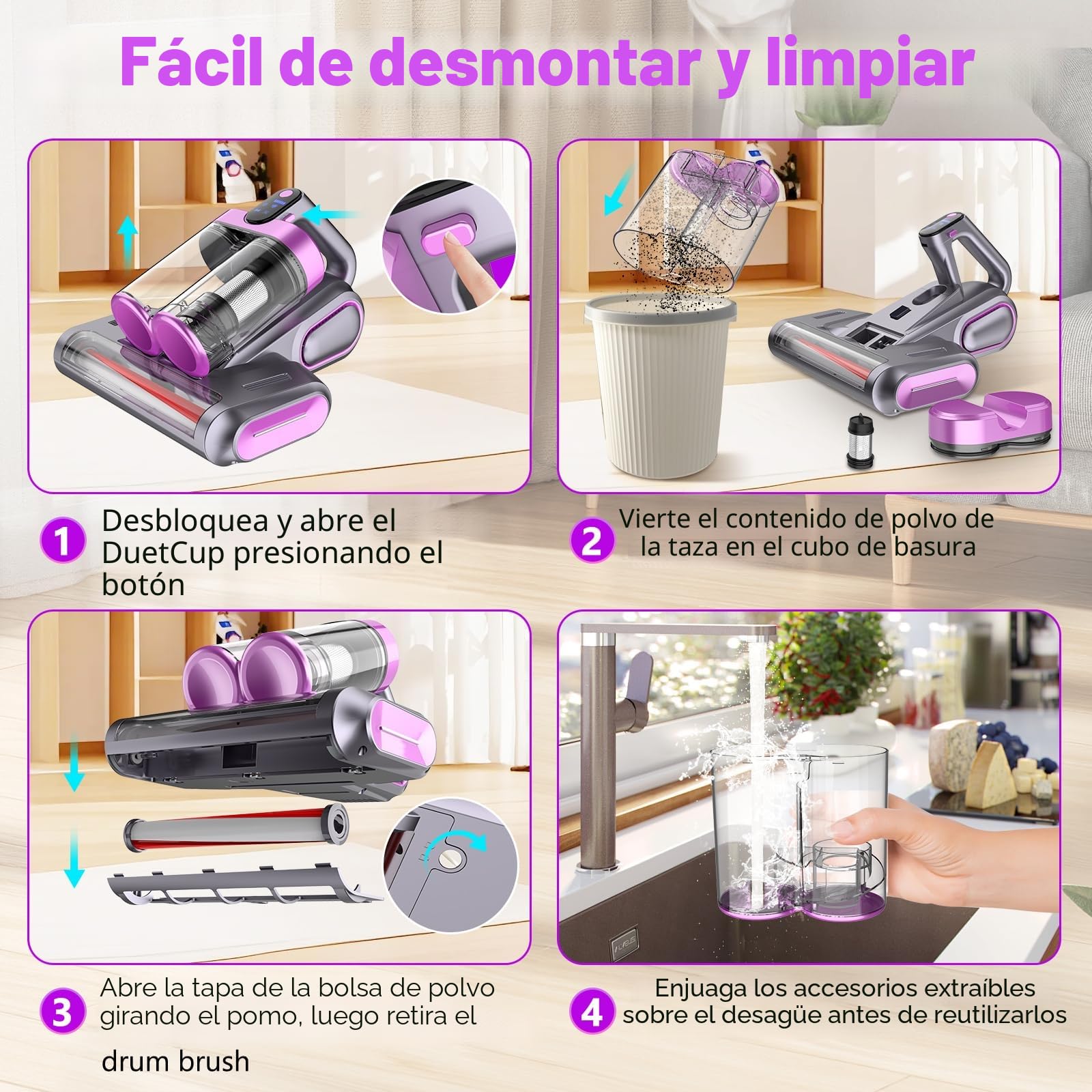 Aspirador Antiacaros,13 kPa de Fuerte Succión, Luz UV-C de 253.7 nm, Rotación del Cepillo de 30000 Rpm/Min, Filtro HEPA y Colector de 520ml Polvo Doble, Para Polvo de Cama, Sofá y Pelo de Mascotas