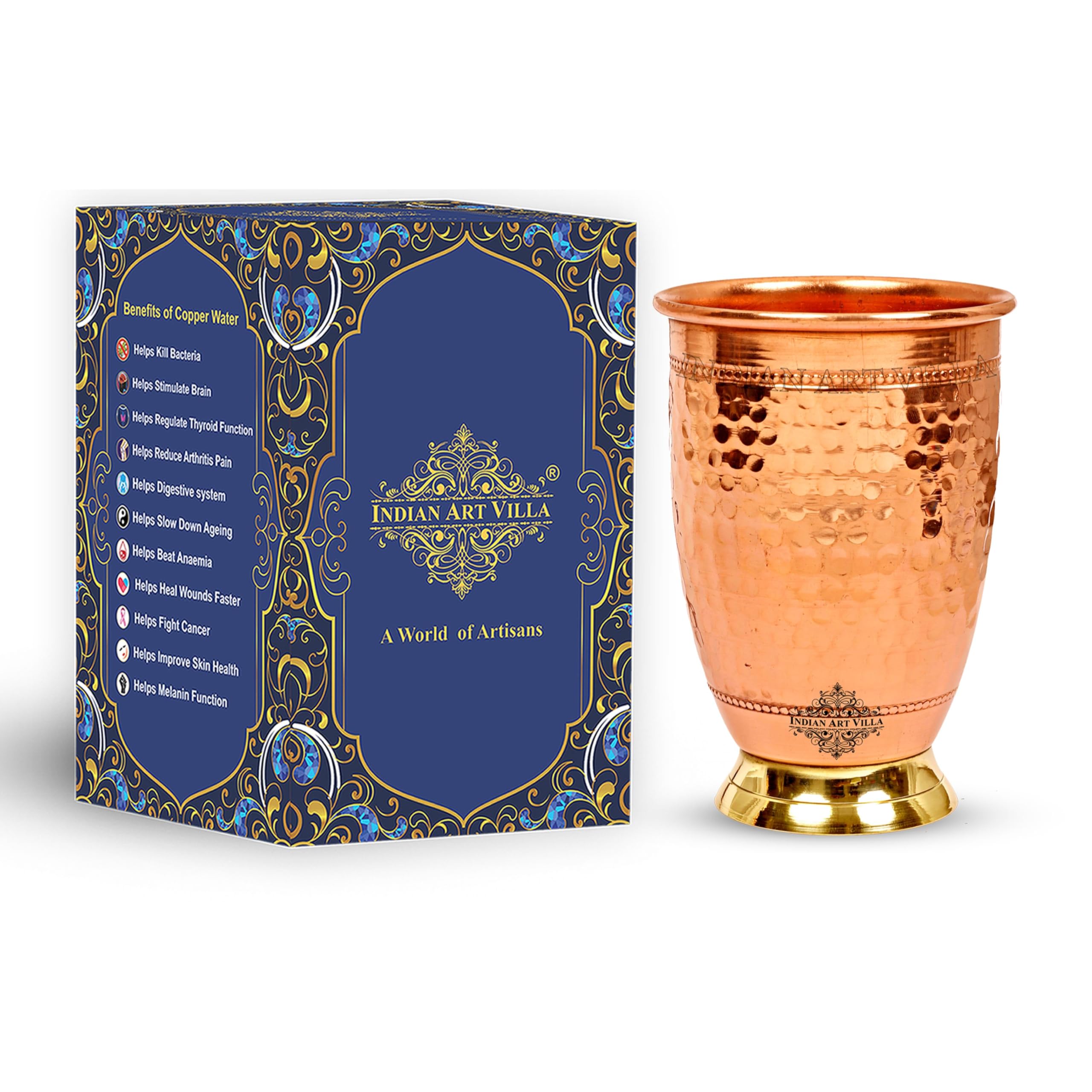 Indian Art Villa Embossed Design Pure Copper Glass Tumbler with Brass Bottom Drinkware Home Restaurant Volume- 15 Oz