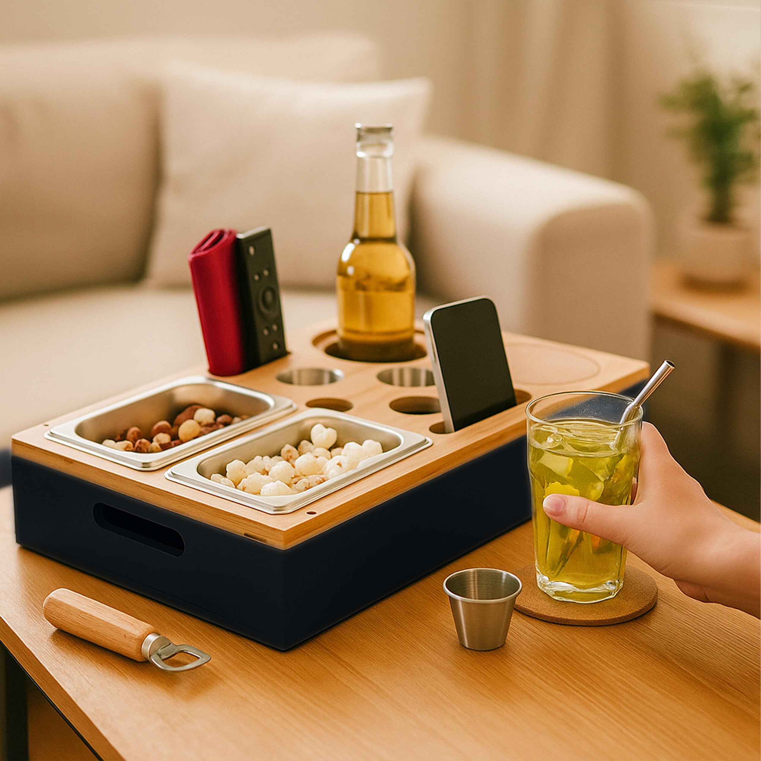 Relaxdays Plateau canapé, contenants Pratiques, Support en Bambou, pour Une soirée conviviale sur Le Sofa, Noir & Nature