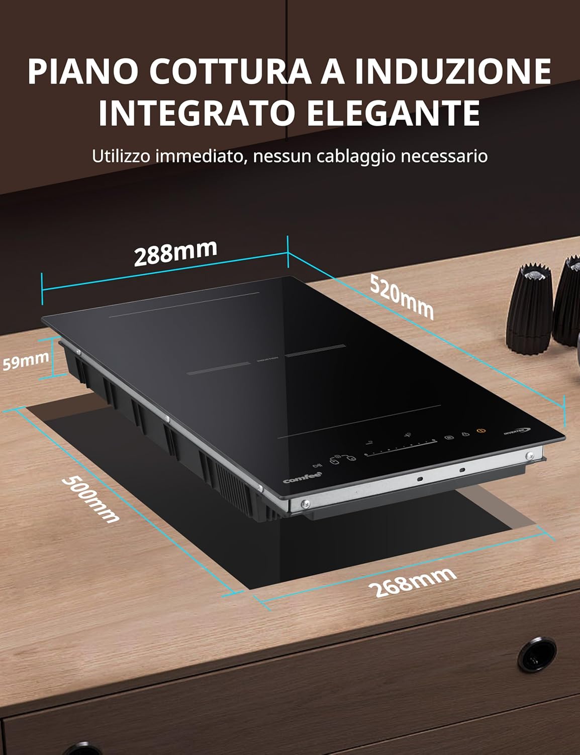 Diagram showing the dimensions of the induction hob and the required cutout dimensions for installation into a kitchen counter.