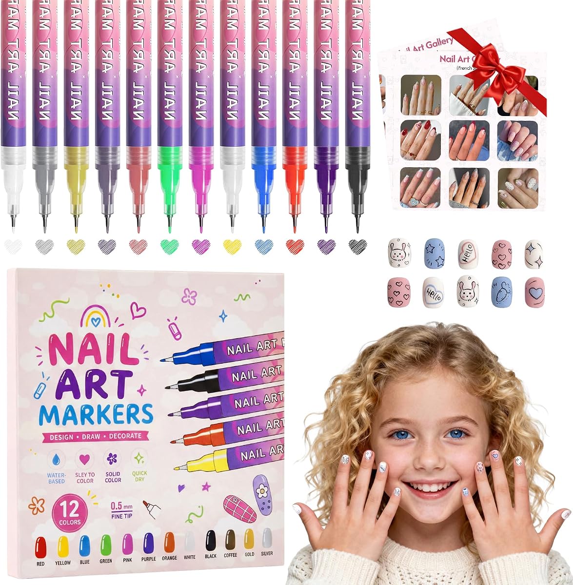dabria Nail Art Pens for Painting Nails 12 Colors Nail Art Markers Set with 0.5 mm Fine Tip Nail Doodle Pens for Girls Kids Women (Upgraded)