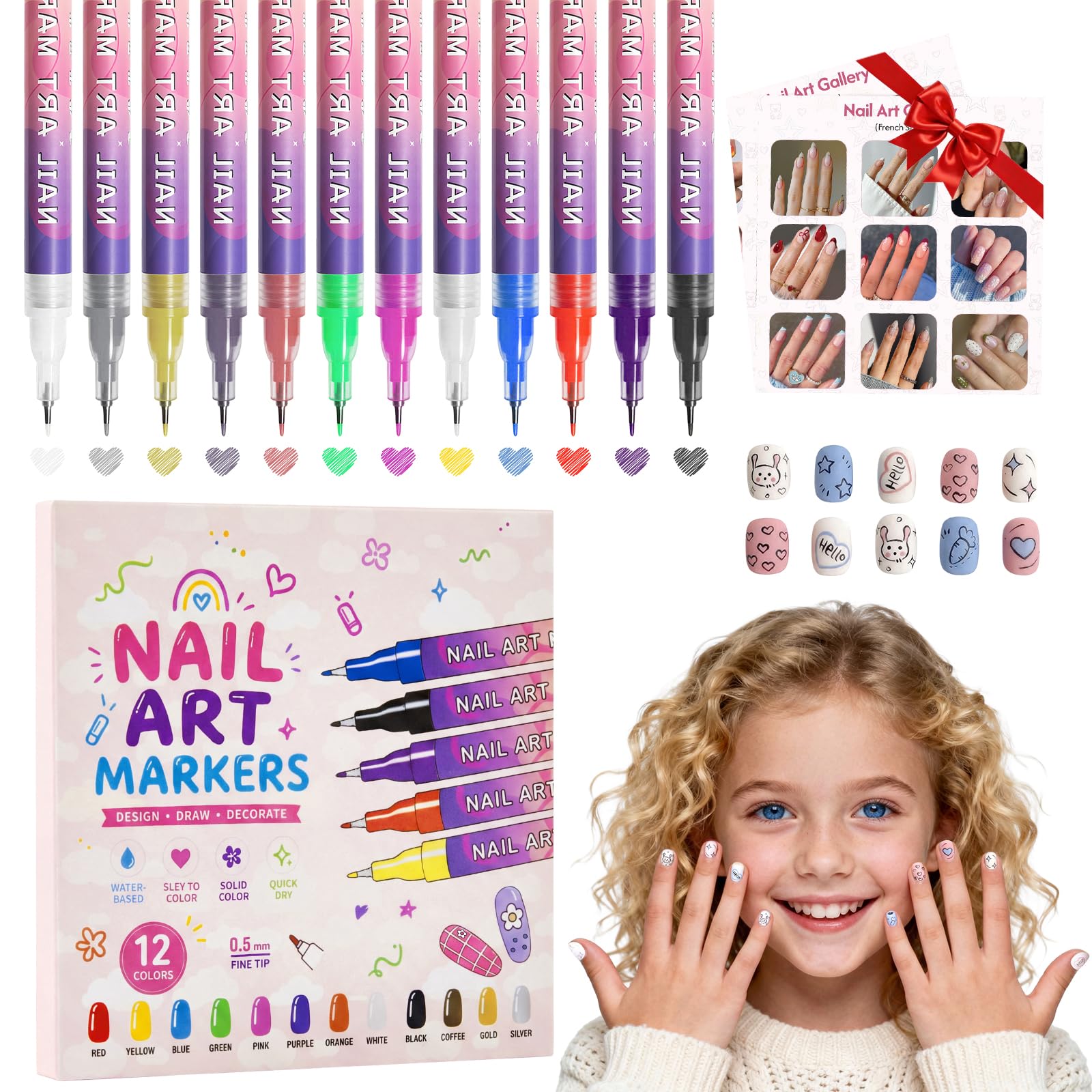 dabria Nail Art Pens for Painting Nails 12 Colors Nail Art Markers Set with 0.5 mm Fine Tip Nail Doodle Pens for Girls Kids Women (Upgraded)