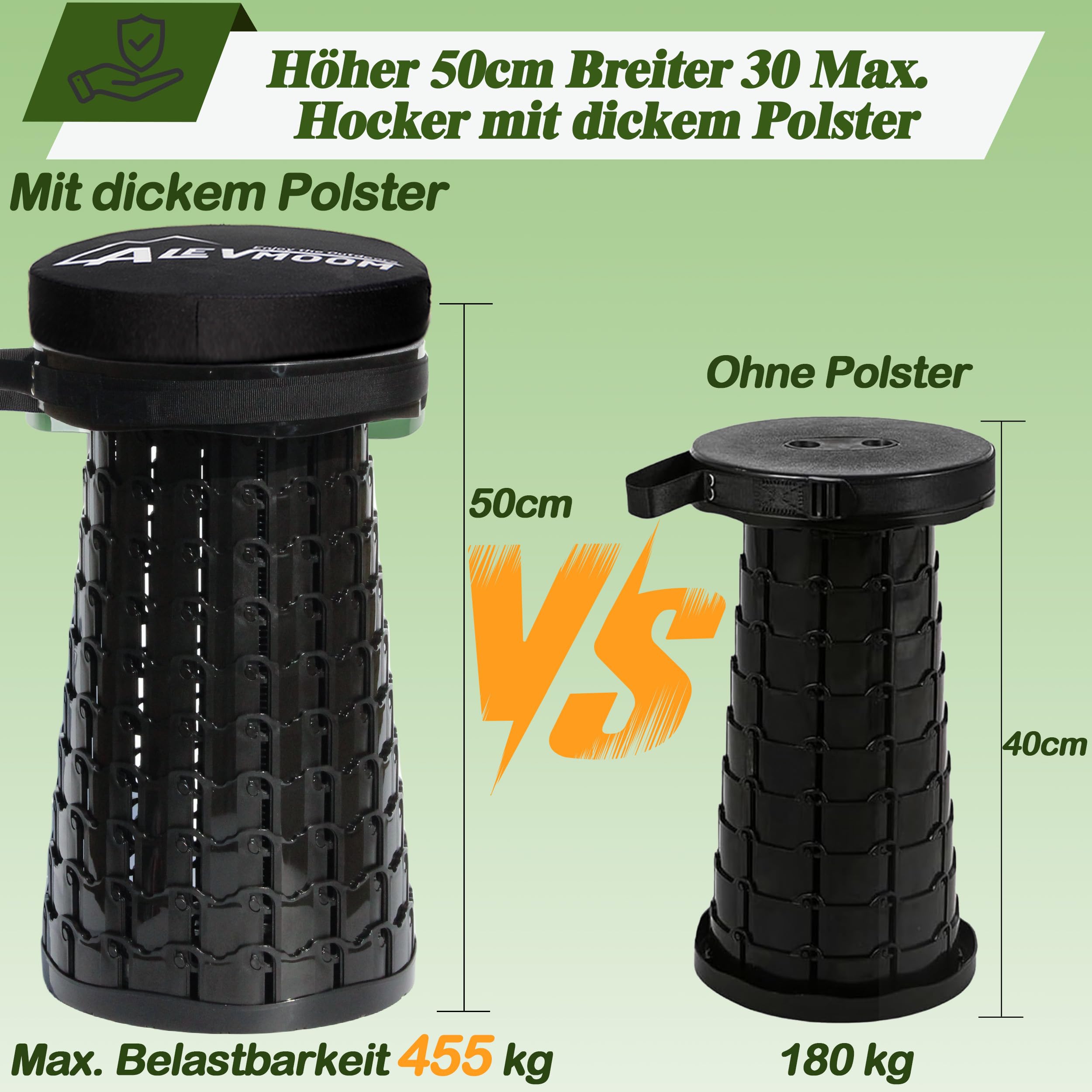 ALEVMOOM XXL Klapphocker mit dickem Kissen, 7–50 cm Verstellbarer Teleskop-Klapphocker, maximale Belastung 450 kg für Camping, Angeln, Wandern, Grillen im Freien