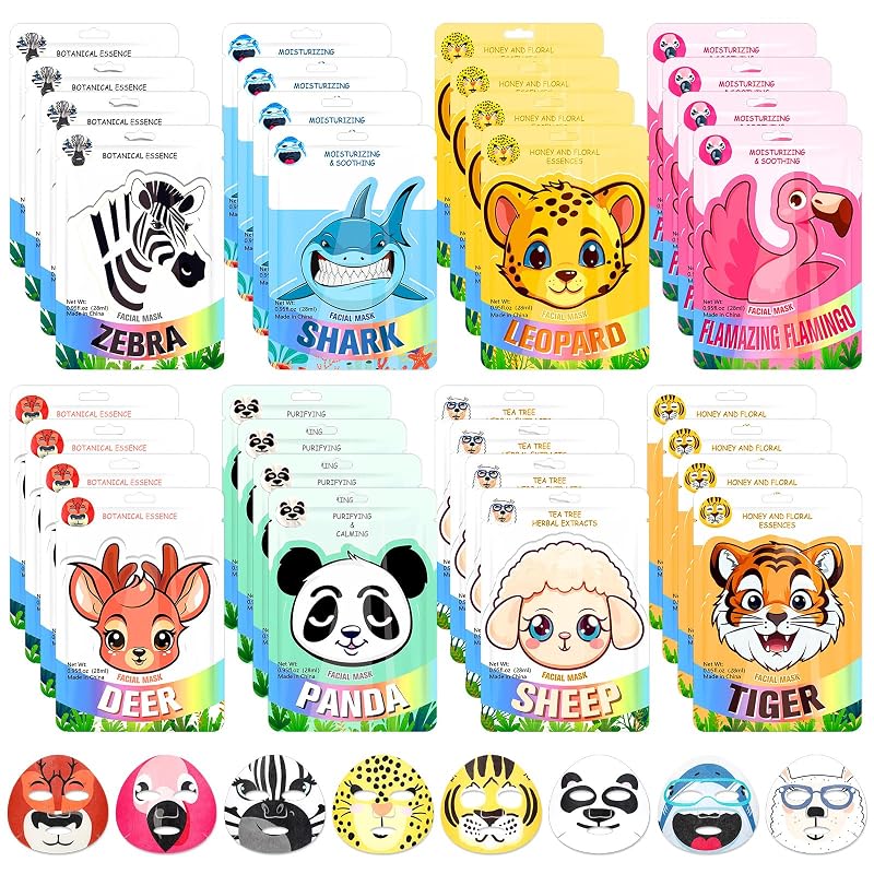 Máscaras faciais de folha com animais Dansib, 32 unidades, 8 estampas