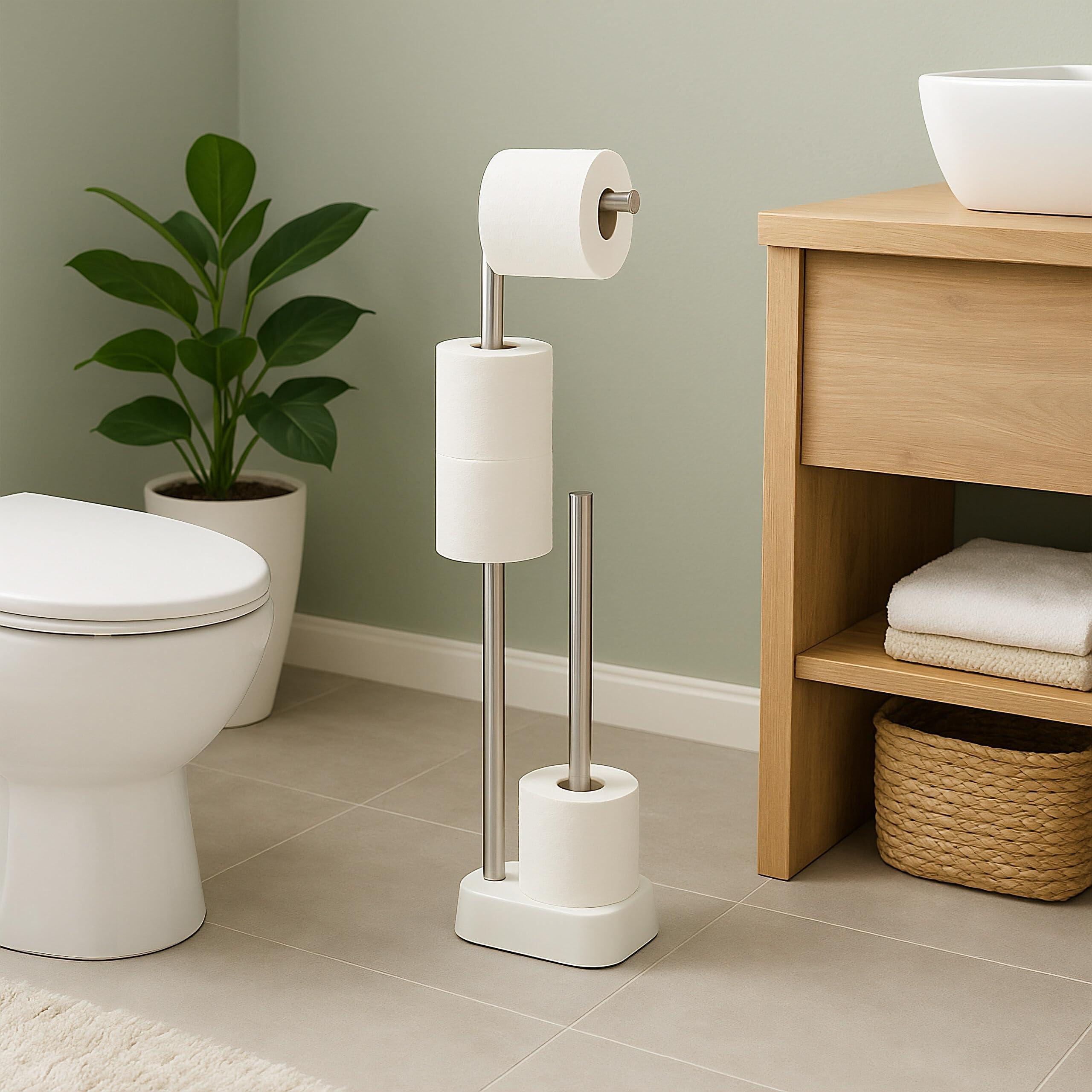 Juego de baño Relaxdays, Acero Inoxidable, 65,5 x 13 x 16 cm, Soporte de Papel higiénico, escobilla de baño, Blanco