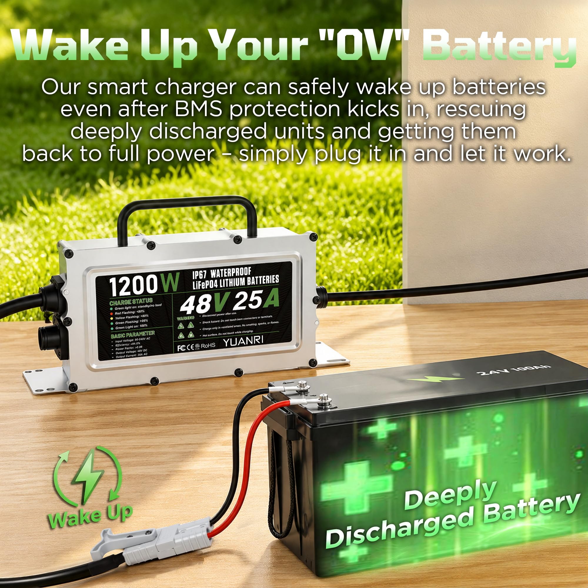 Caricabatteria al litio da 25A 48V 48 volt Lifepo4 Caricabatteria | Sveglia 0V, impermeabile IP67, 8 protezioni, caricabatterie intelligente, connessione 3, indicatore a 3 colori