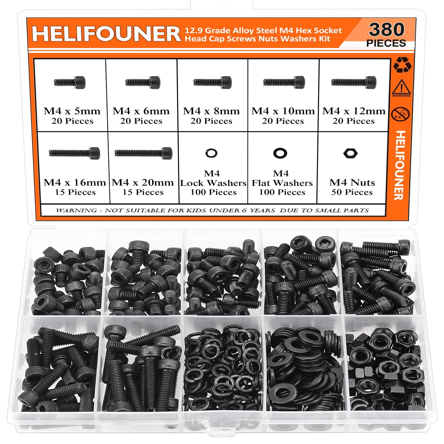 HELIFOUNER 380 Pieces M4 x 5mm /6mm /8mm /10mm /12mm /16mm /20mm, Hex Socket Head Cap Screws Bolts Washers Nuts Kit, 12.9 Grade Alloy Steel, Full