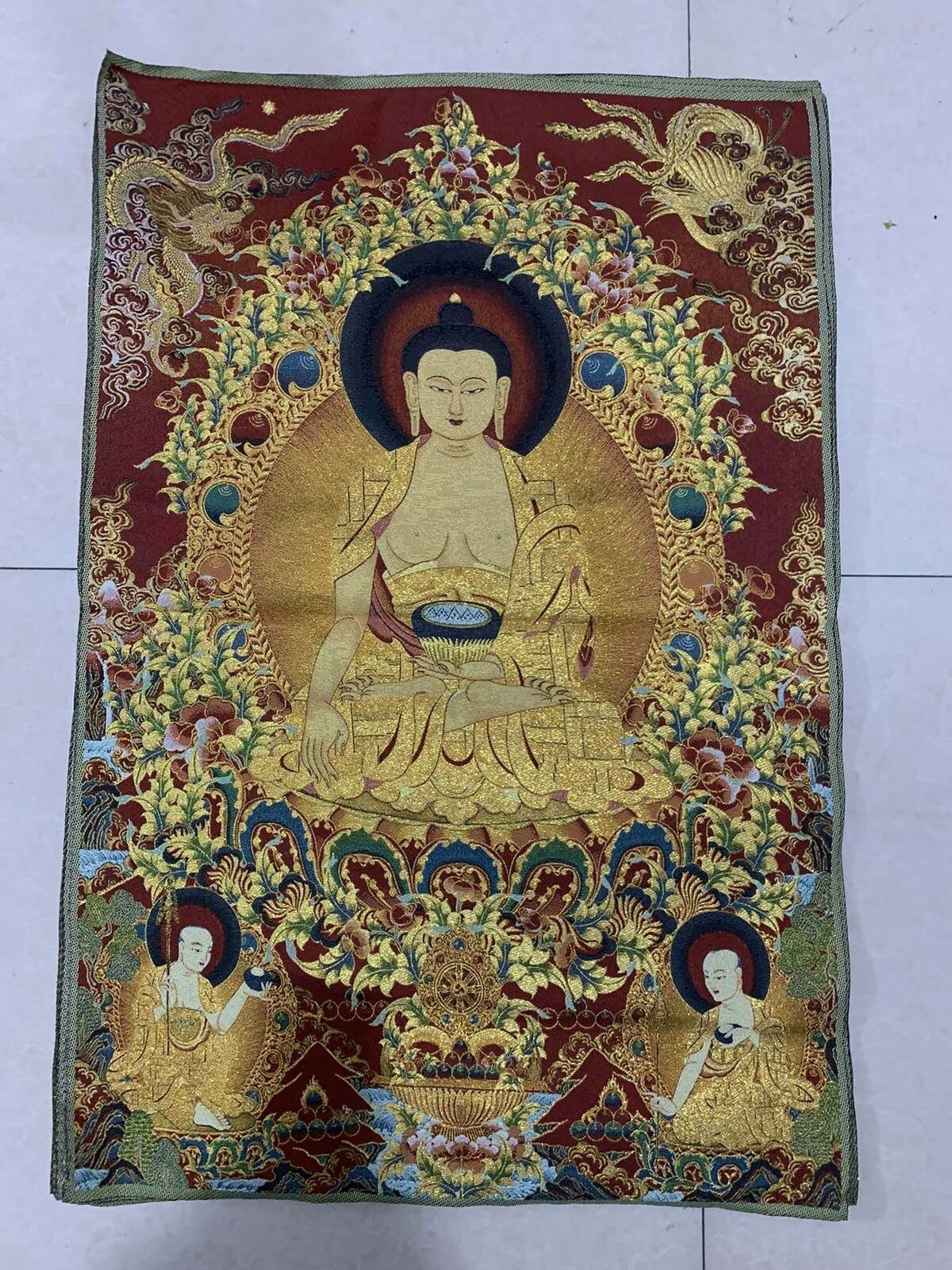 Thangka Silk Embroidey Tibetan Buddhism Medicine Buddha Red Tangka Fengshui Wall Hanging for Home Decor Tapestry Meditation