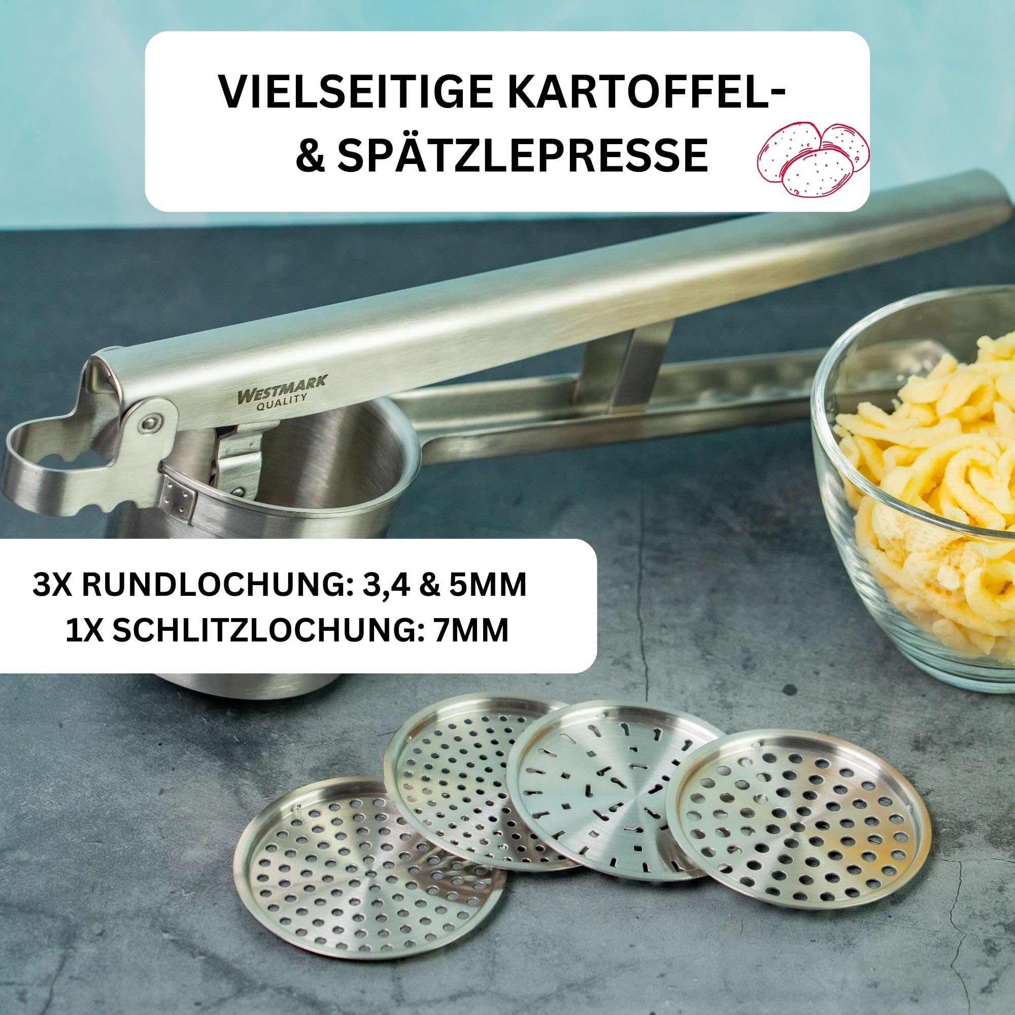 Westmark Kartoffel-/Spätzlepresse, Mit 4 austauschbaren Lochscheiben, Rostfreier Edelstahl, Quadro, Silber, 61172260 35 x 9 x 16.5 cm