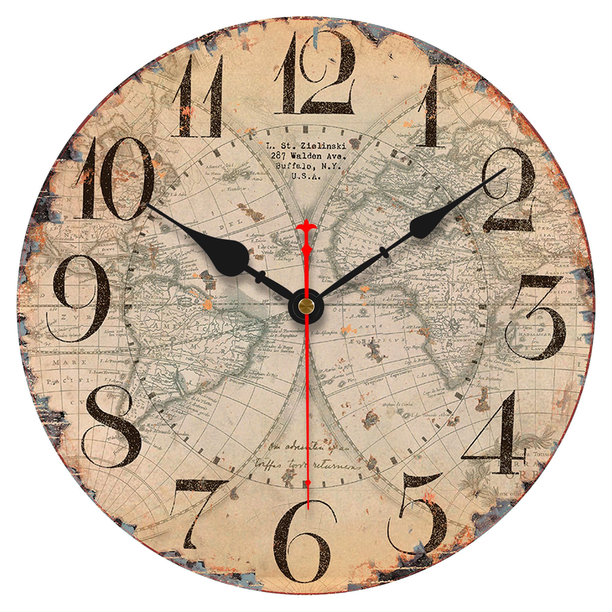 VIKMARI Reloj De Pared Vintage Movimiento De Cuarzo Relojes De Pared Silenciosos Sin Tictac Reloj con Batería Que Cuelga Reloj Redondo De Madera Vintage |Mapa del Mundo|14"