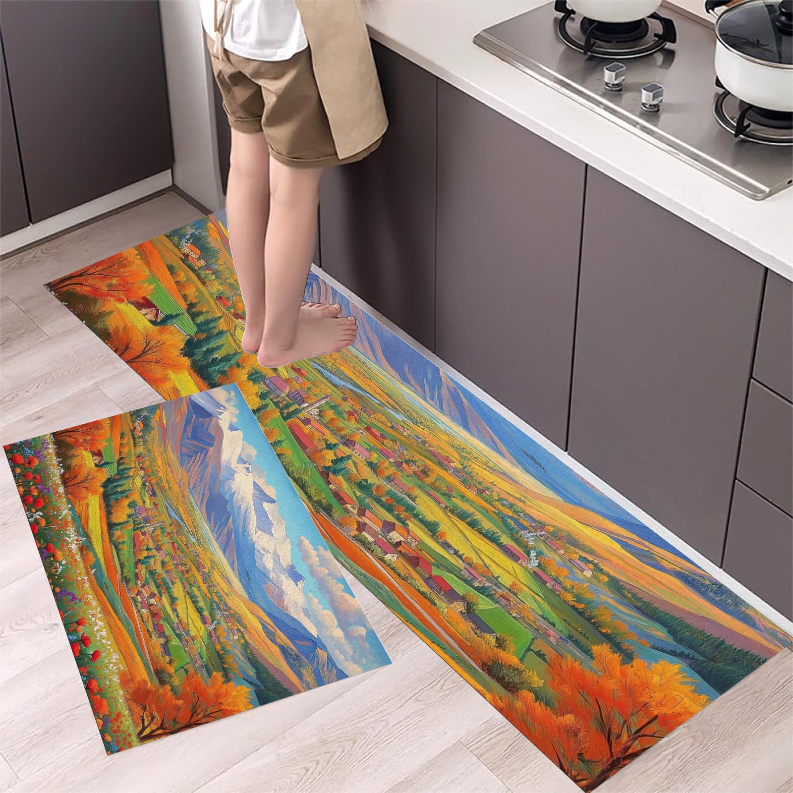Juego de 2 tapetes de cocina antideslizantes de 45x150 y 45x75 cm con paisaje de llanuras y montañas
