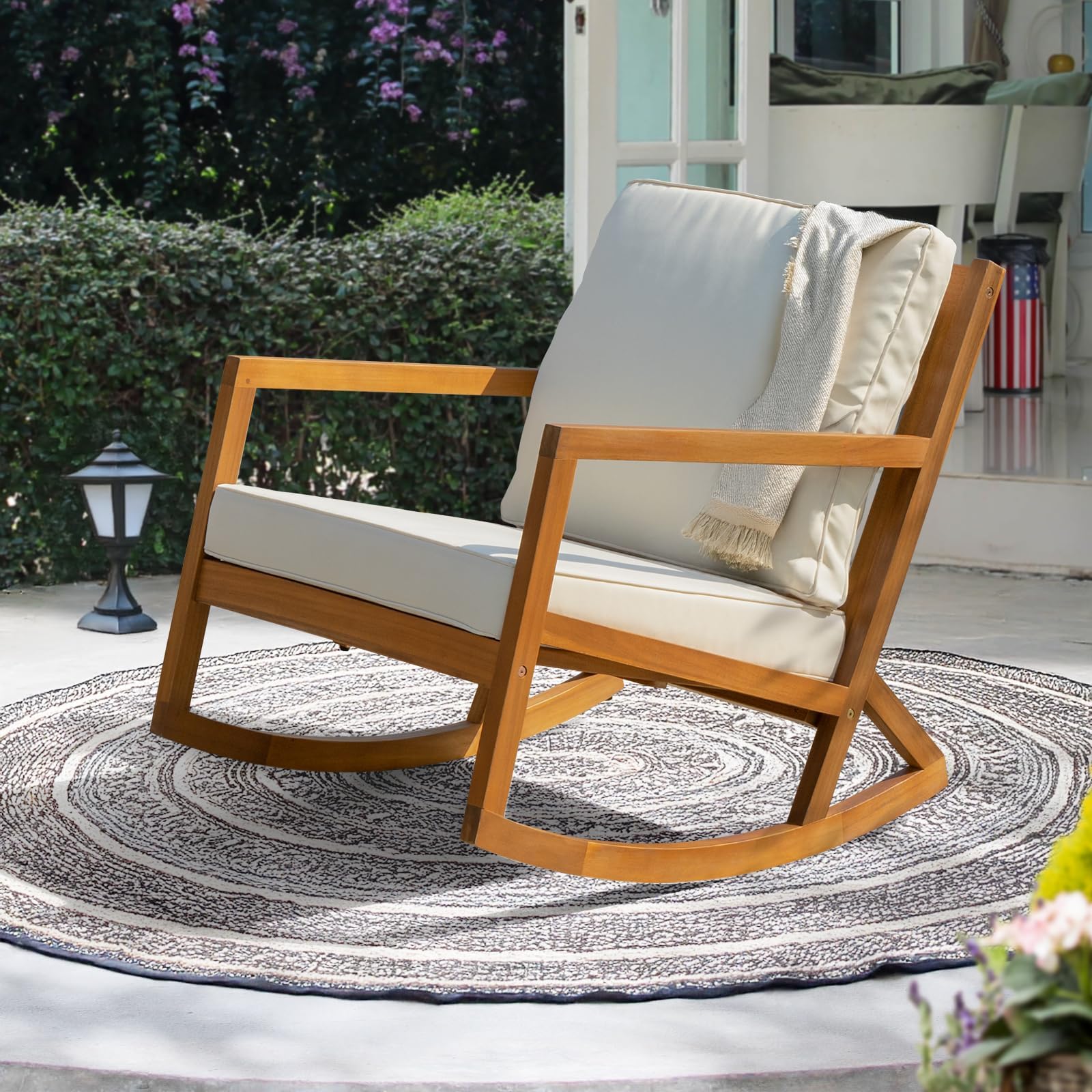 IDZO Club Rocking Chair 500lbs Capacity with Inclined Backrest, Thick Foam Cushion, Solid Acacia Wood Rocker for Patio, Backyard, Balcony, Porch