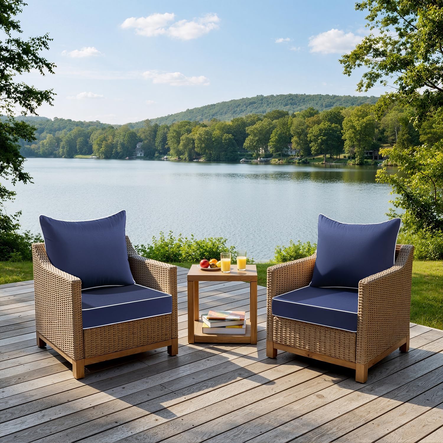 MIULEE Navy Outdoor Seat Cushion 24x24 Inch Set of 2 Waterproof & 3 Year Fade Resistant Deep Seat and Back Cushion for Patio Furniture Chair Sofa Couch with Handle and Adjustable Straps