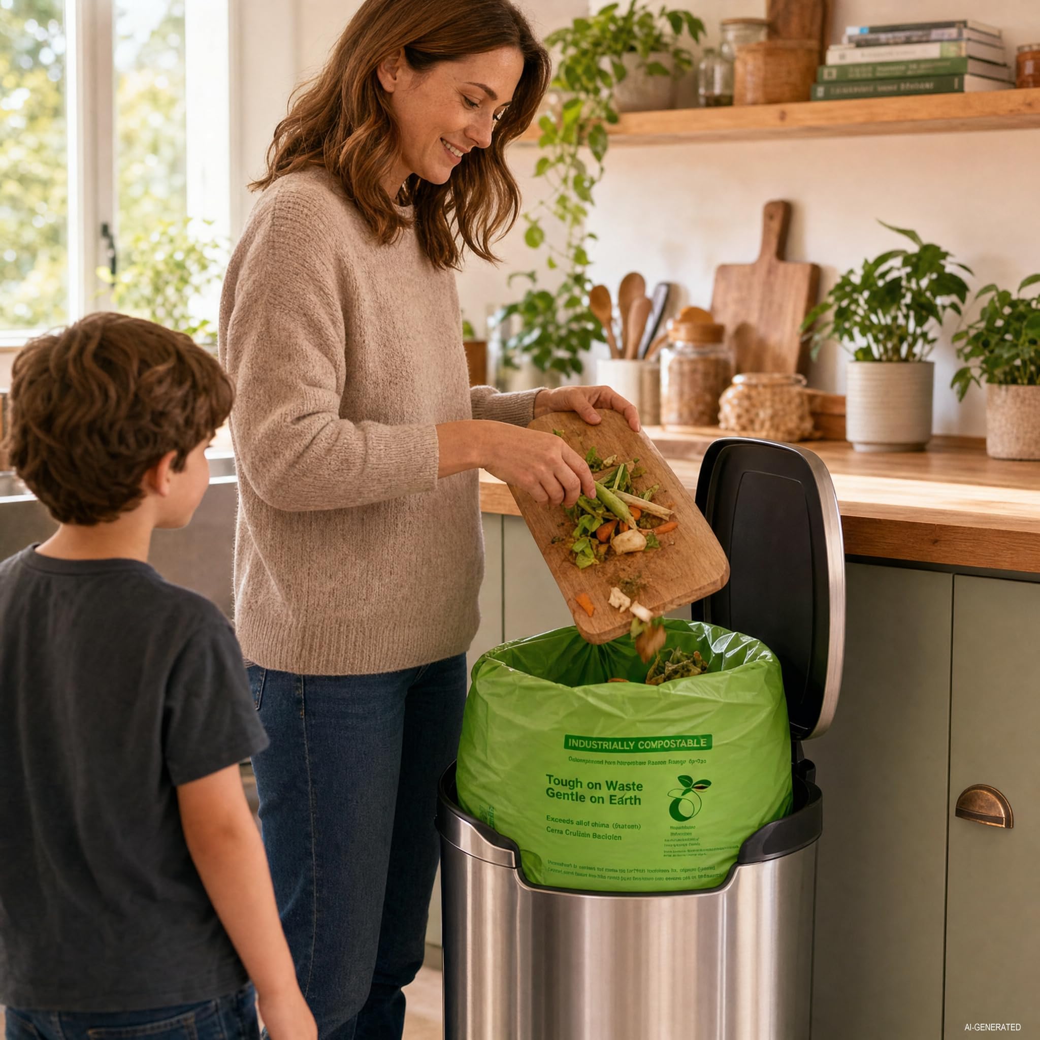 Sacchetti per rifiuti alimentari compostabili da 50 l, con manici a legame, sacchetti biodegradabili per la spazzatura da cucina, confezione da 4 scatole (totale 128 pezzi)