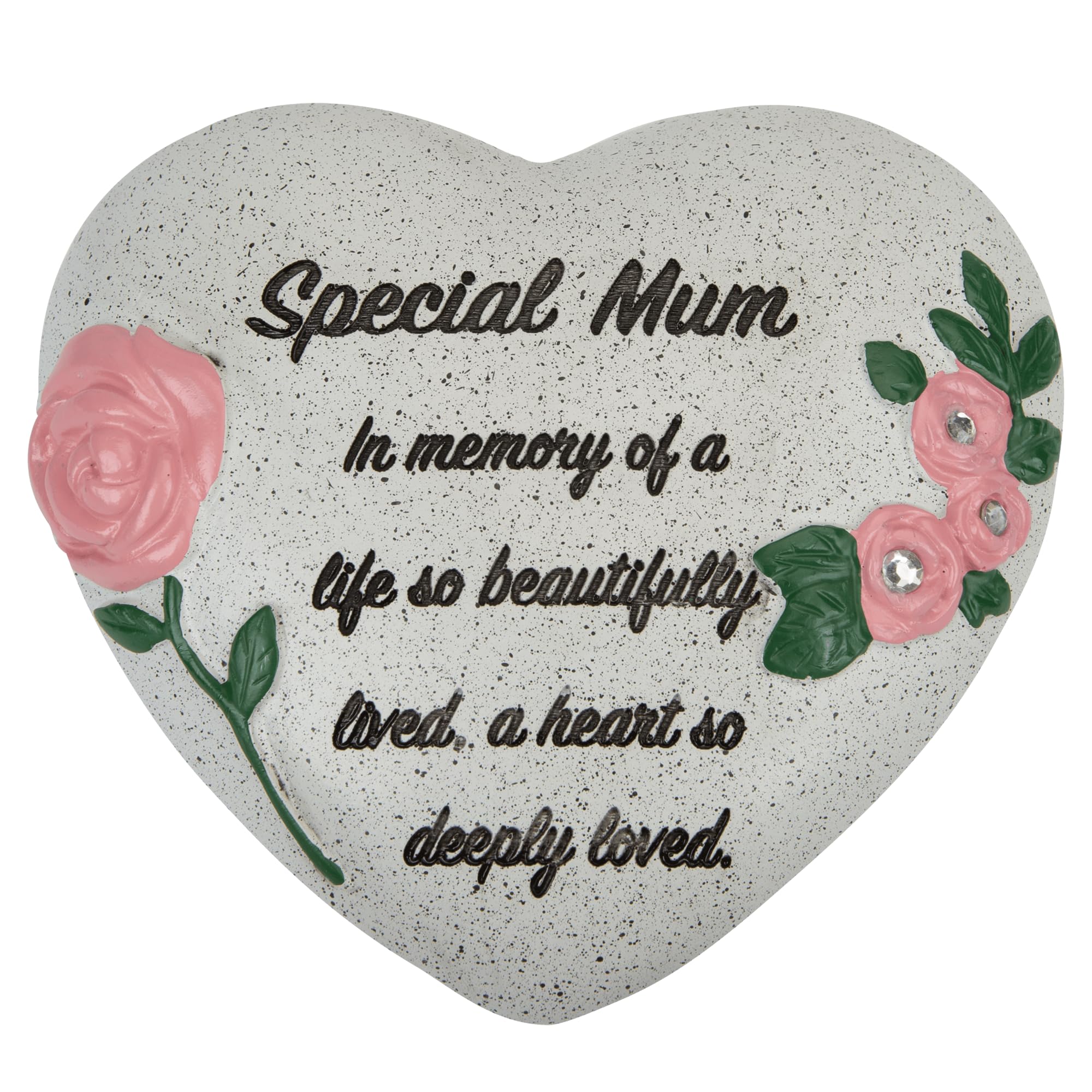 PMS Special Mum Memorial Heart Ornament – Polyresin Graveside Memorial Stone with Pink Roses & Diamantes – Sympathy Tribute Keepsake for Cemetery & Garden – 16 x 14 cm
