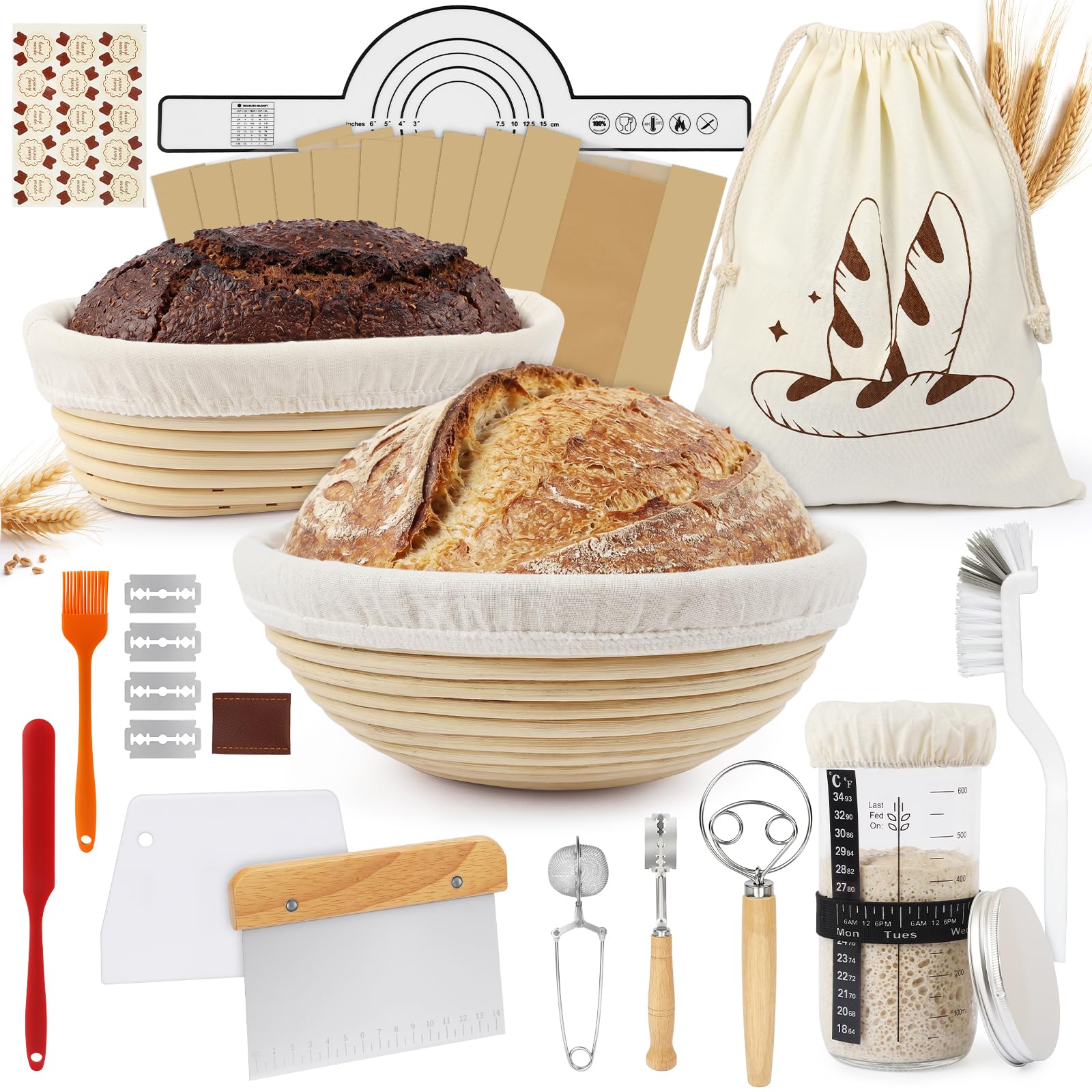 Kit lievito completo di 2 Bannetons in rattan (rando e ovale), barattoli a lievito graduato 600 ml, kit fabbricazione pane casa, accessori panetteria e pane lievitato per principianti e appassionati