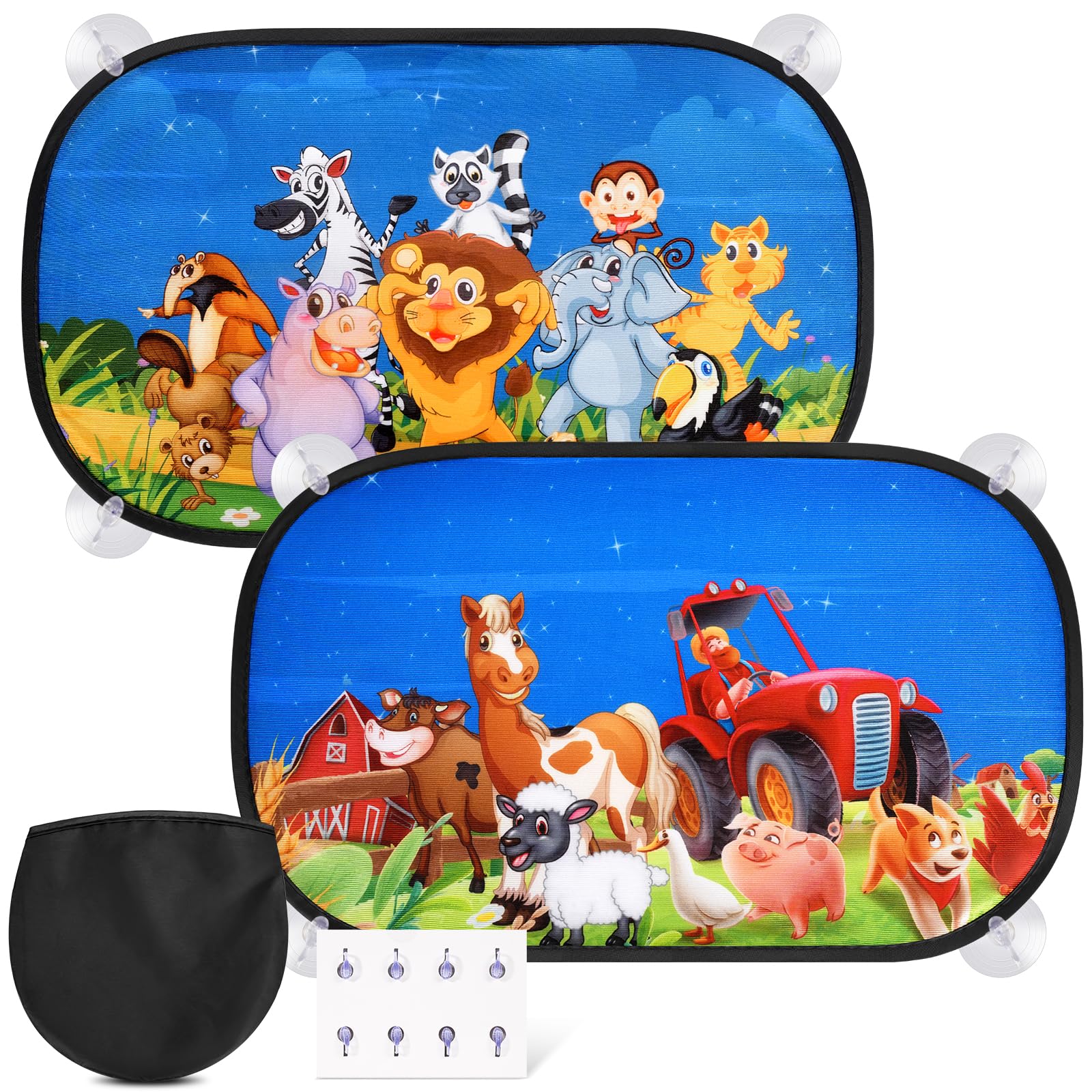 2 Stück Sonnenschutz Auto Baby mit UV Schutz,51x31cm Autofenster Sonnenschutz Kinder,8 Saugnäpfe,Niedliche Tiermuster und Thema Bauernhof